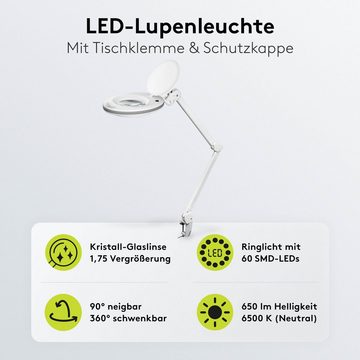 Goobay Lupenlampe 8 W LED-Lupenleuchte mit Klemme, SMD LED, kaltweiß, 6500 K, 6500 K, 1,75-fache Vergrößerung, 90° neigbar und 360° schwenkbar