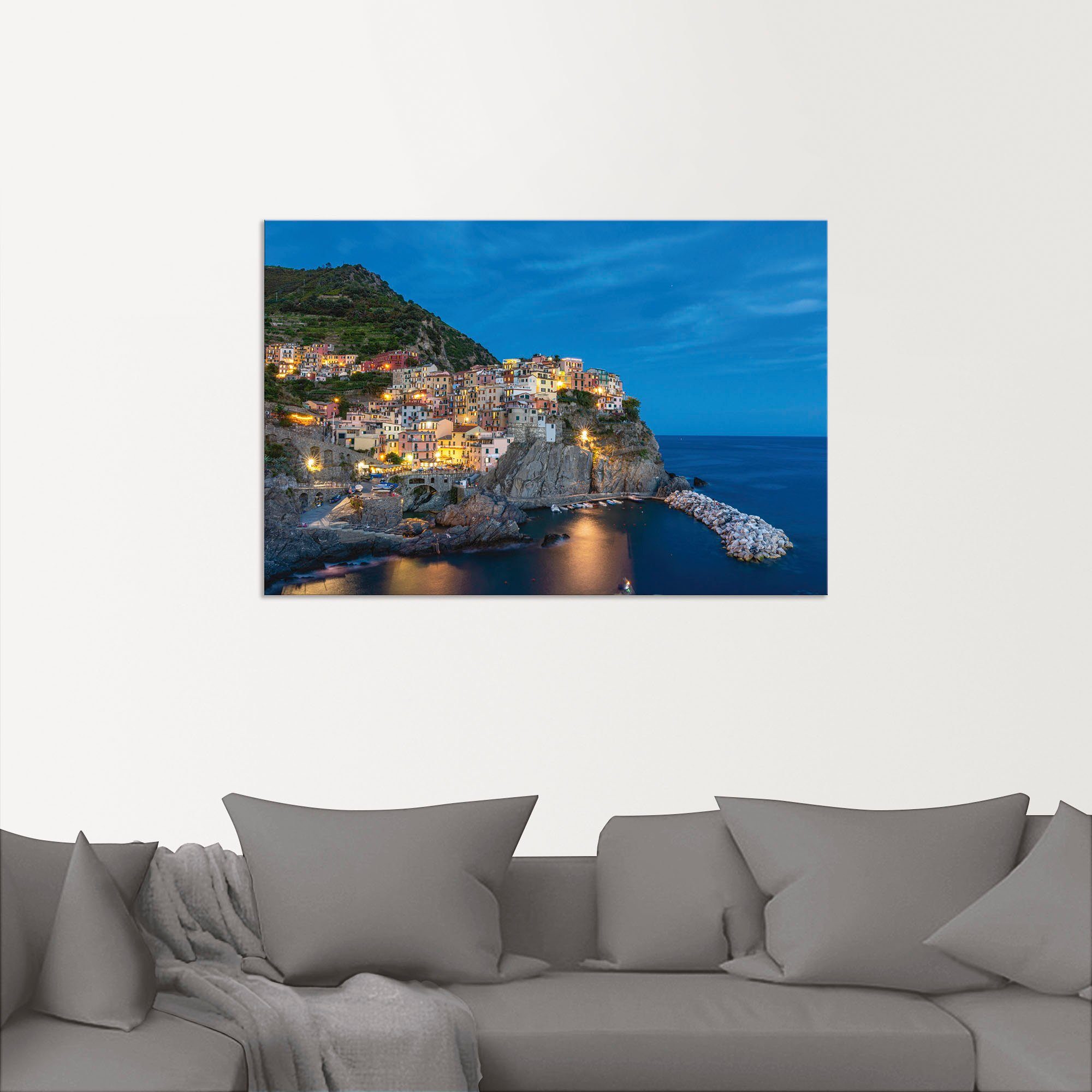 Artland Wandbild blauen Poster Manarola Leinwandbild, Küstenbilder Wandaufkleber in oder (1 versch. Größen als Alubild, zur Stunde, St), Beleuchtetes