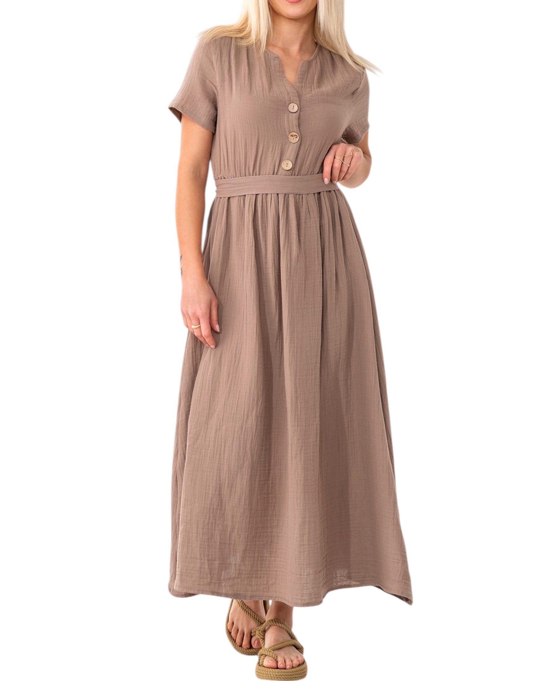 WENOR Sommerkleid Musselin Boho Kleid mit Knopfleiste & Taillenband, Freizeitkleid (1-tlg) Vorn mit Holzknöpfen, Bindegürtel an der Taille – Bild 3 von 5