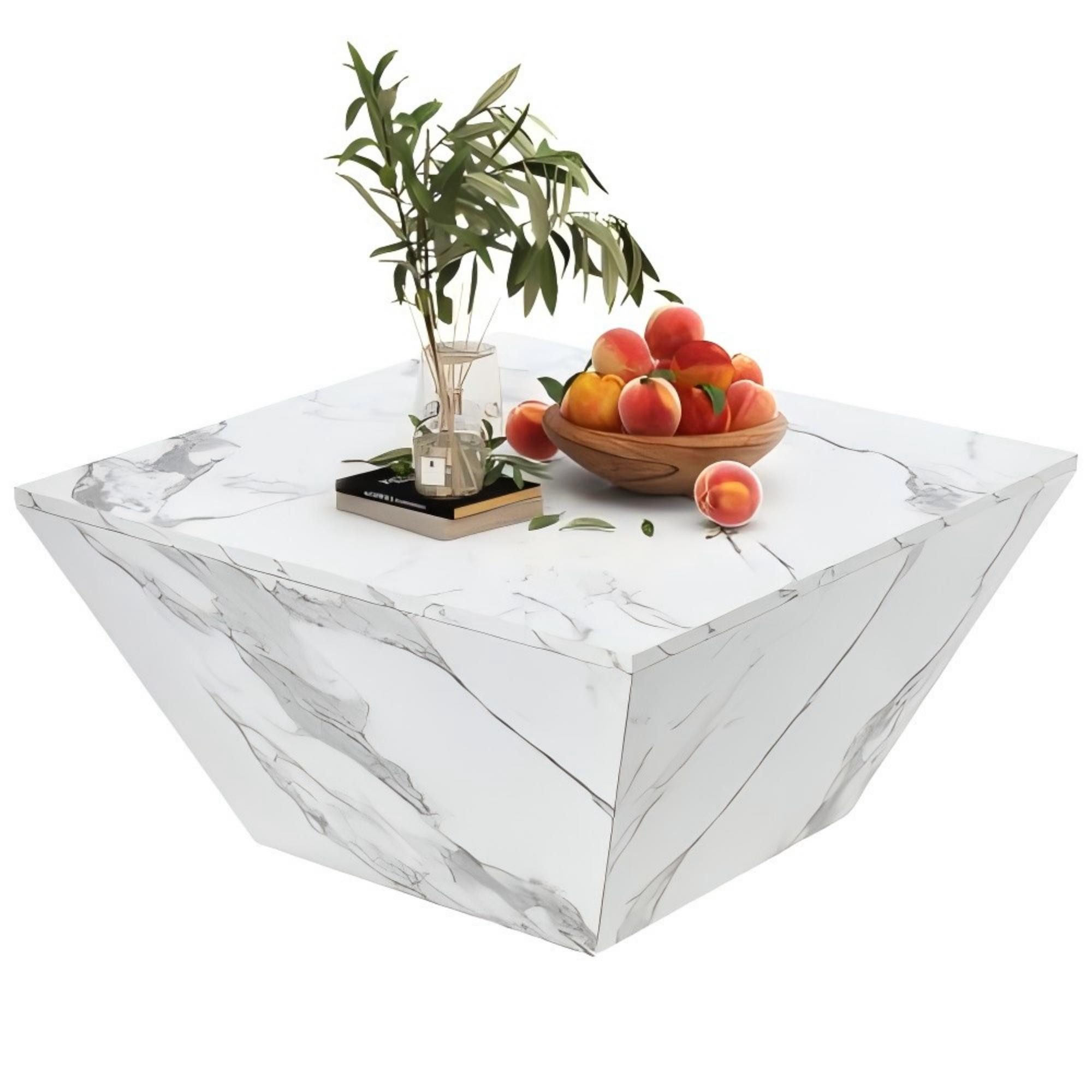 Odikalo Couchtisch Trommel Teetisch Kaffeetisch Trapezförmig Marmor Furnier Weiß 70*70*37