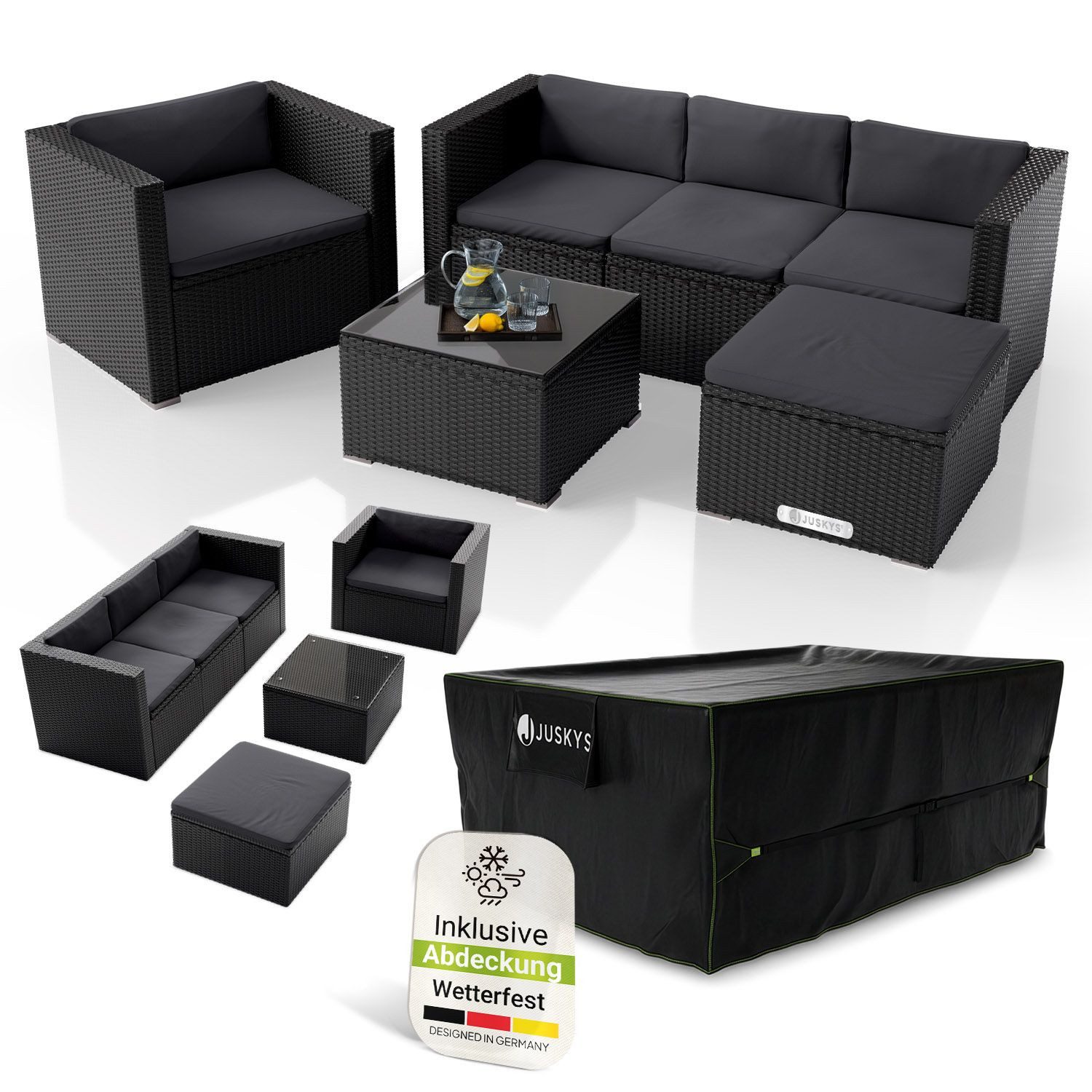 Juskys Gartenlounge-Set Punta Cana, (Set, Sitzgruppe), Sitzgarnitur, 1 Tisch, 1 Ecksofa, 1 Sessel, 1 Hocker, 1 Abdeckung