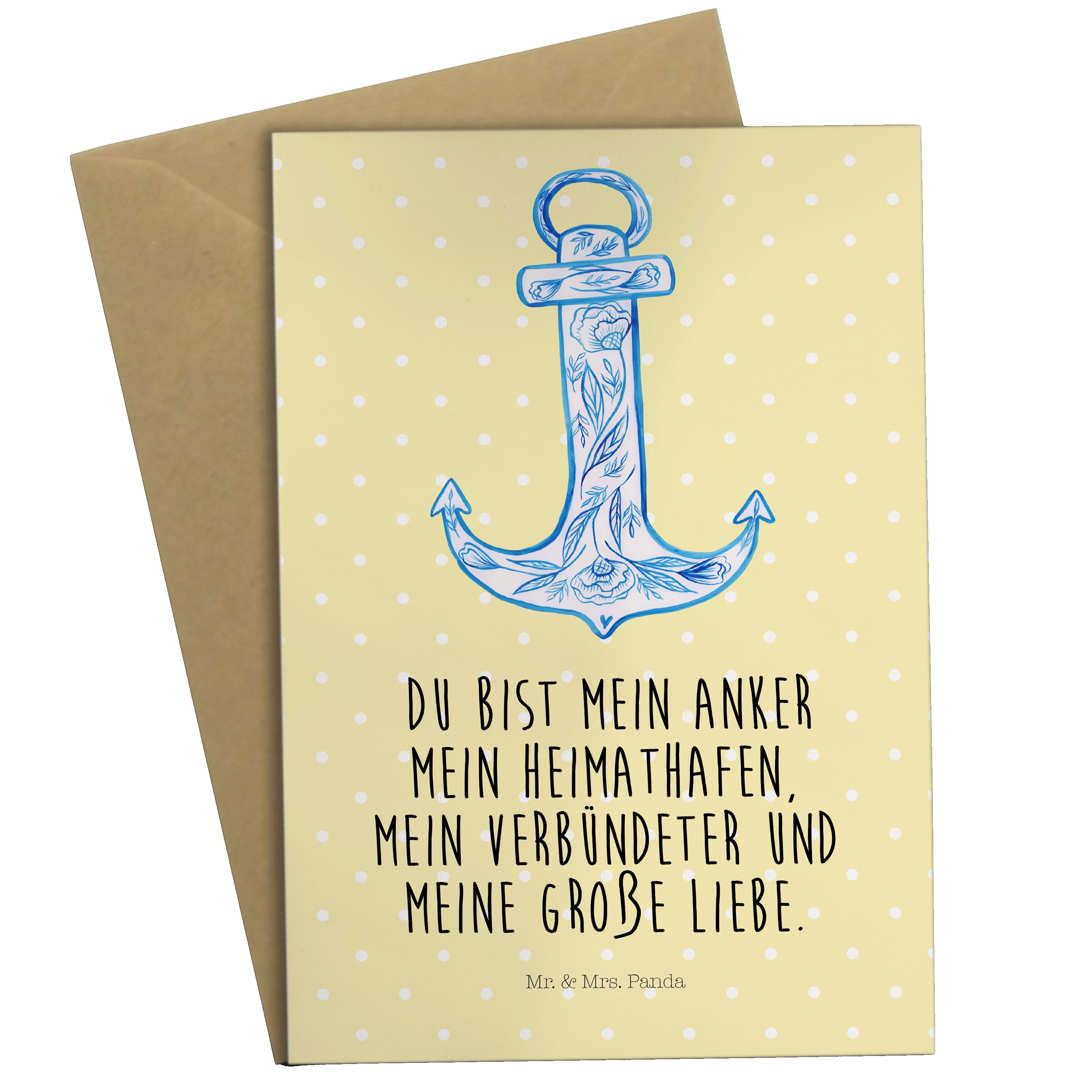 Mr. & Mrs. Panda Grußkarte Anker Blau - Gelb Pastell - Geschenk, Hochzeitskarte, lustige Sprüche