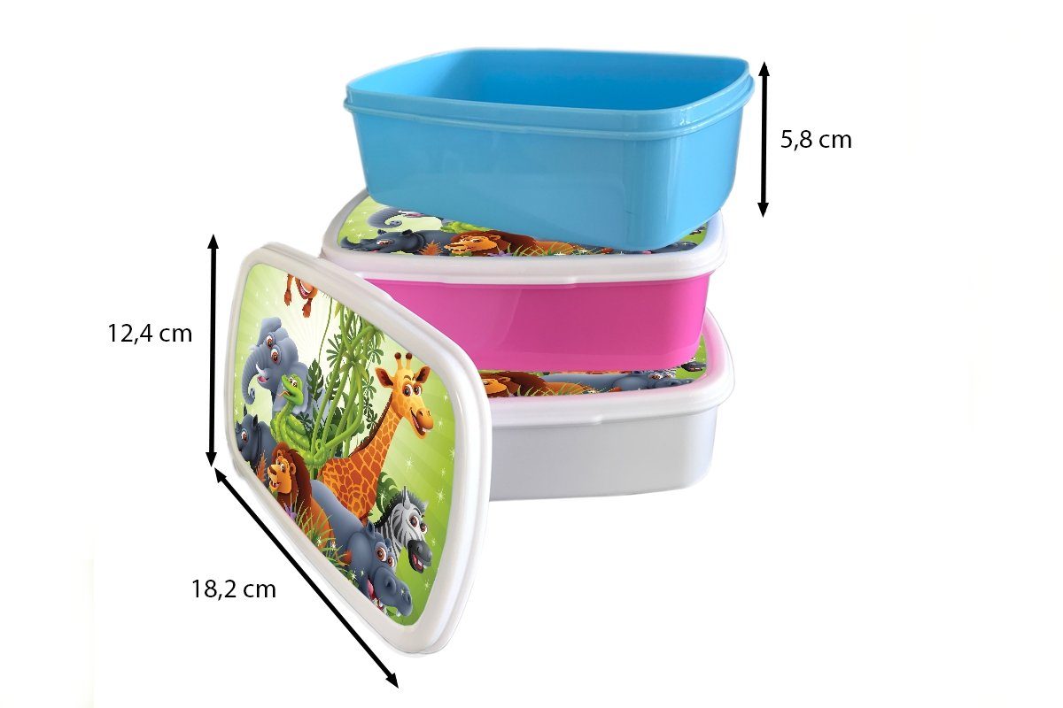 Dschungeltiere Kinder - Kunststoff, Löwe, - Mädchen MuchoWow Pflanzen (2-tlg), Brotdose, - - Erwachsene, und für und Brotbox Elefant - Kinder Giraffe weiß für Jungs Lunchbox