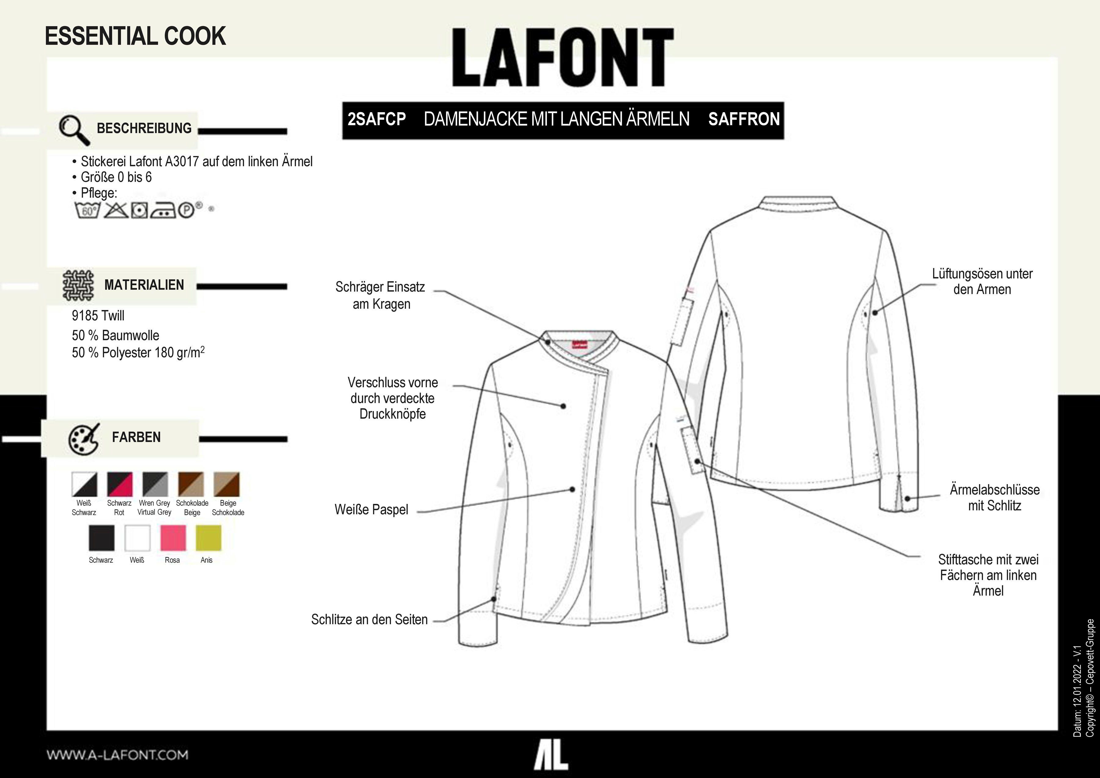 Druckknöpfen Damen Kreuzverschluss WEISS Langarm, verdeckten Lafont mit Kochjacke "Saffron"