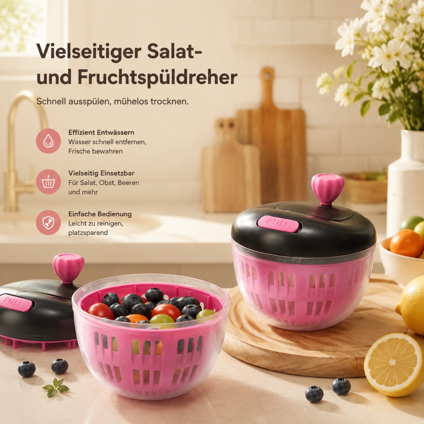 Jumpeak Salatschleuder handbetätigt,Abtropfen lassen,schnelltrocknend,Entwässerungsgerät, (Set, 1×Abtropfkorb, 1×Außenbehälter, 1×Deckel), Obst Und Gemüse Waschen,Schleudern,geruchsneutral,geruchsneutral