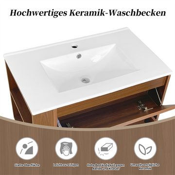 Sweiko Waschbeckenunterschrank mit Keramikwaschbecken, mit Schubladen (76cm Breit) Modernes Design Braun