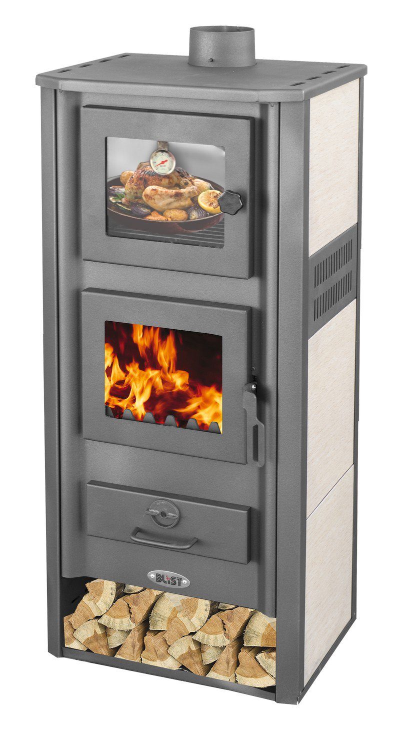 Blist Kaminofen mit Backfach Weiß Holzofen Kamin Ambasador Ofen Dauerbrandofen, 12,10 kW, zum Heizen & Backen ohne Strom / Gas