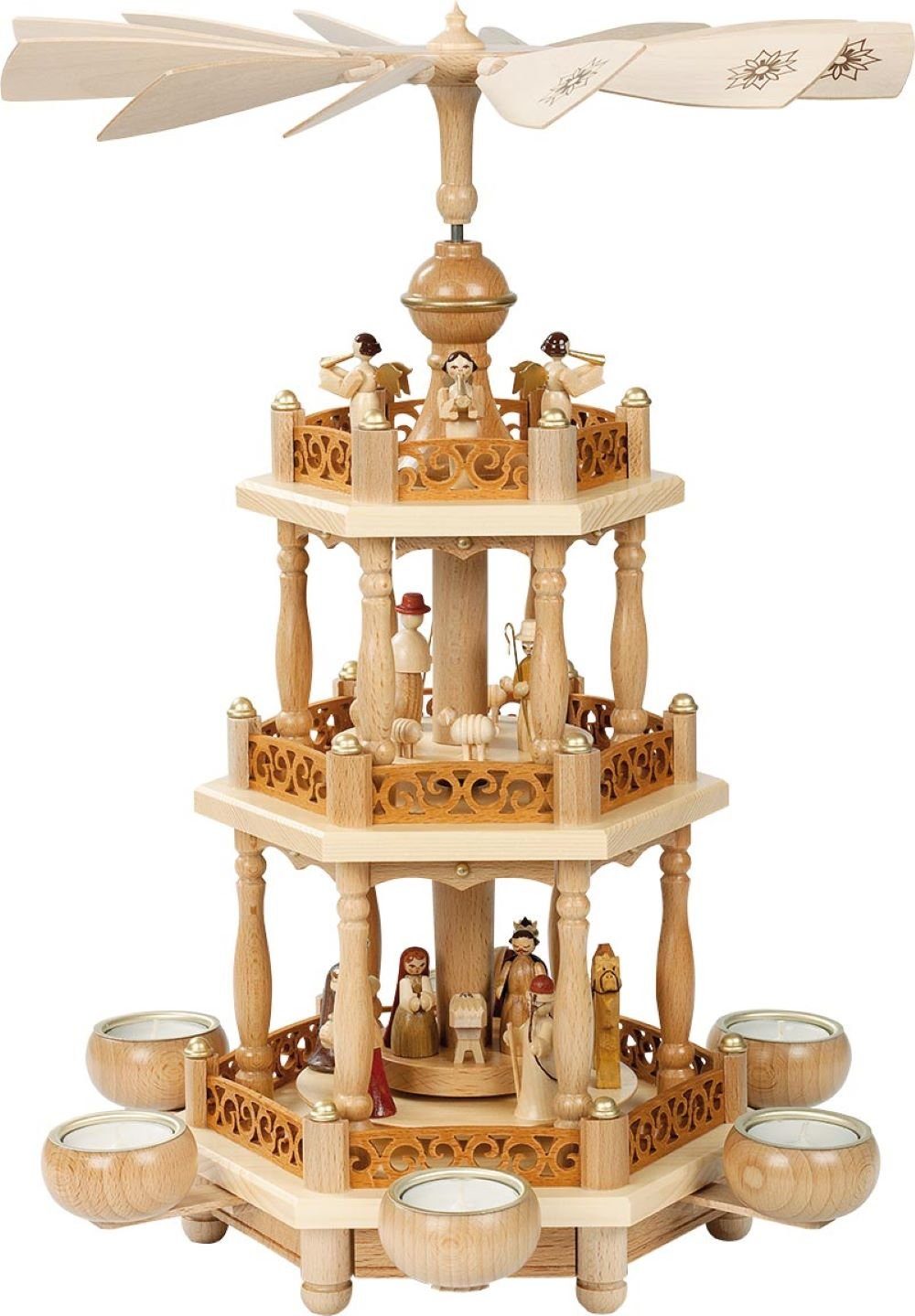 Richard Glaesser Weihnachtspyramide Teelichtpyramide Heilige Familie 2-stöckig direkt vom Hersteller, Handwerkskunst original Erzgebirge