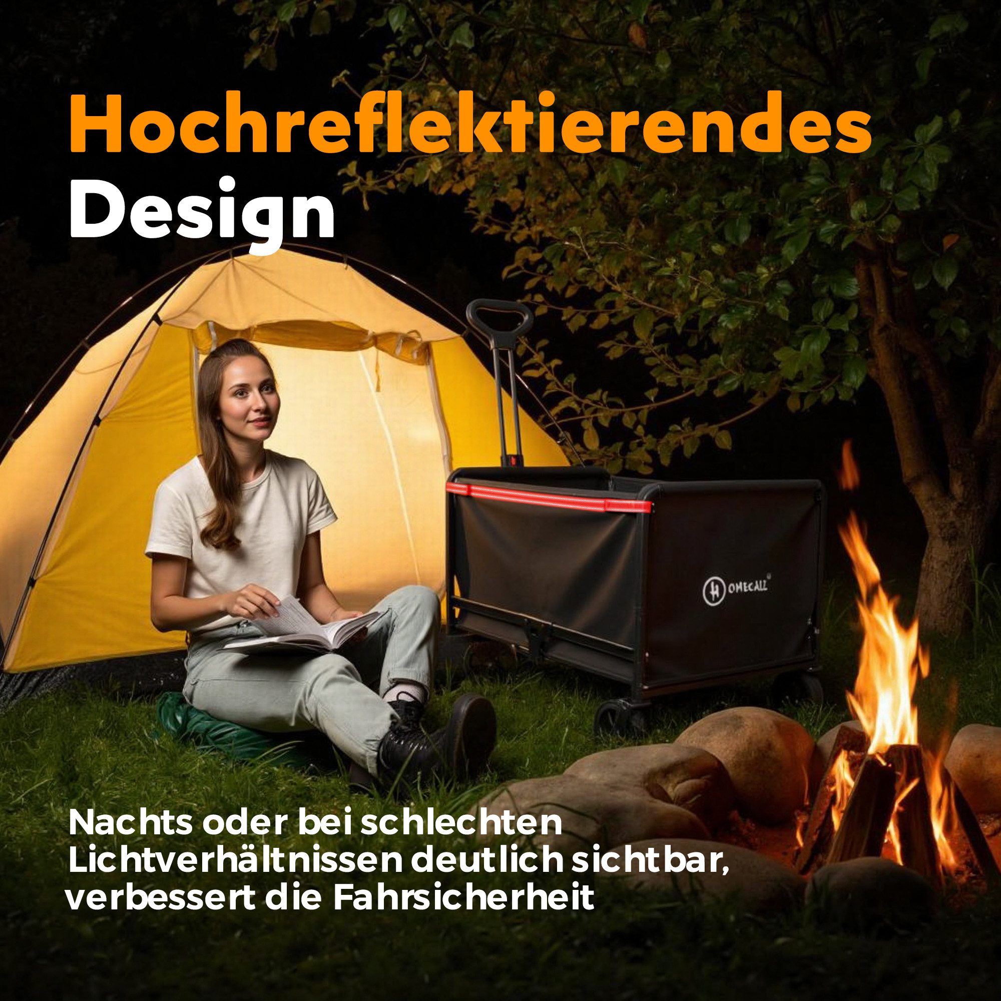 HOMECALL Bollerwagen Kleiner Handwagen Faltbar Gartenwagen kompakt (mit Regenschutz und Getränkehalter), bis 120 kg belastbar, 120 L, Schwar
