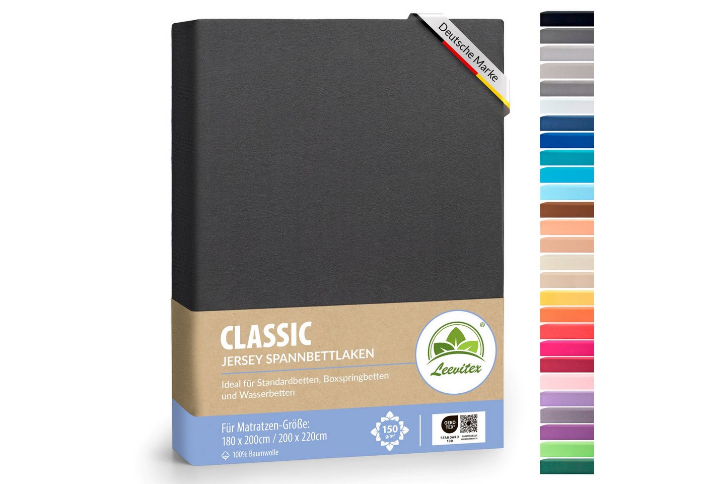 leevitex® Spannbettlaken 180x200 - 200x220 cm, 40 cm Steghöhe, Stoffdicke 150 g/m², Jersey, Gummizug: rundum, (1 Stück), OEKO-TEX® Standard 100 Zertifikatsnummer 10.HTR.85321 zertifiziert