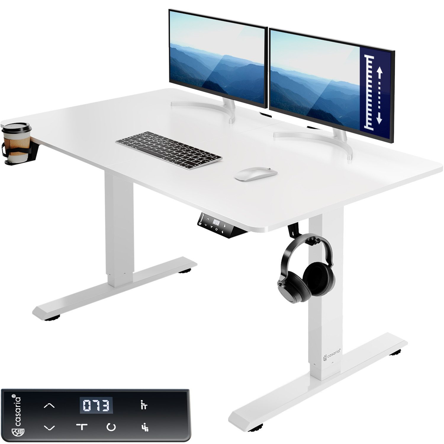 Casaria Schreibtisch, Elektrisch LCD- Display 73-118cm Stahlgestell Zubehör 110x60cm Weiß