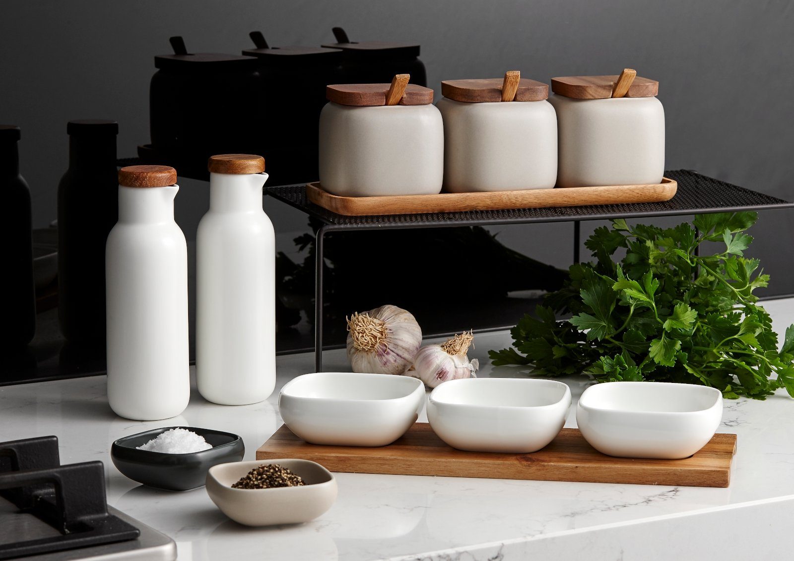 Ladelle Vorratsdose ESSENTIALS Dosen- & Löffel-Set weiss, Porzellan / Akazienholz