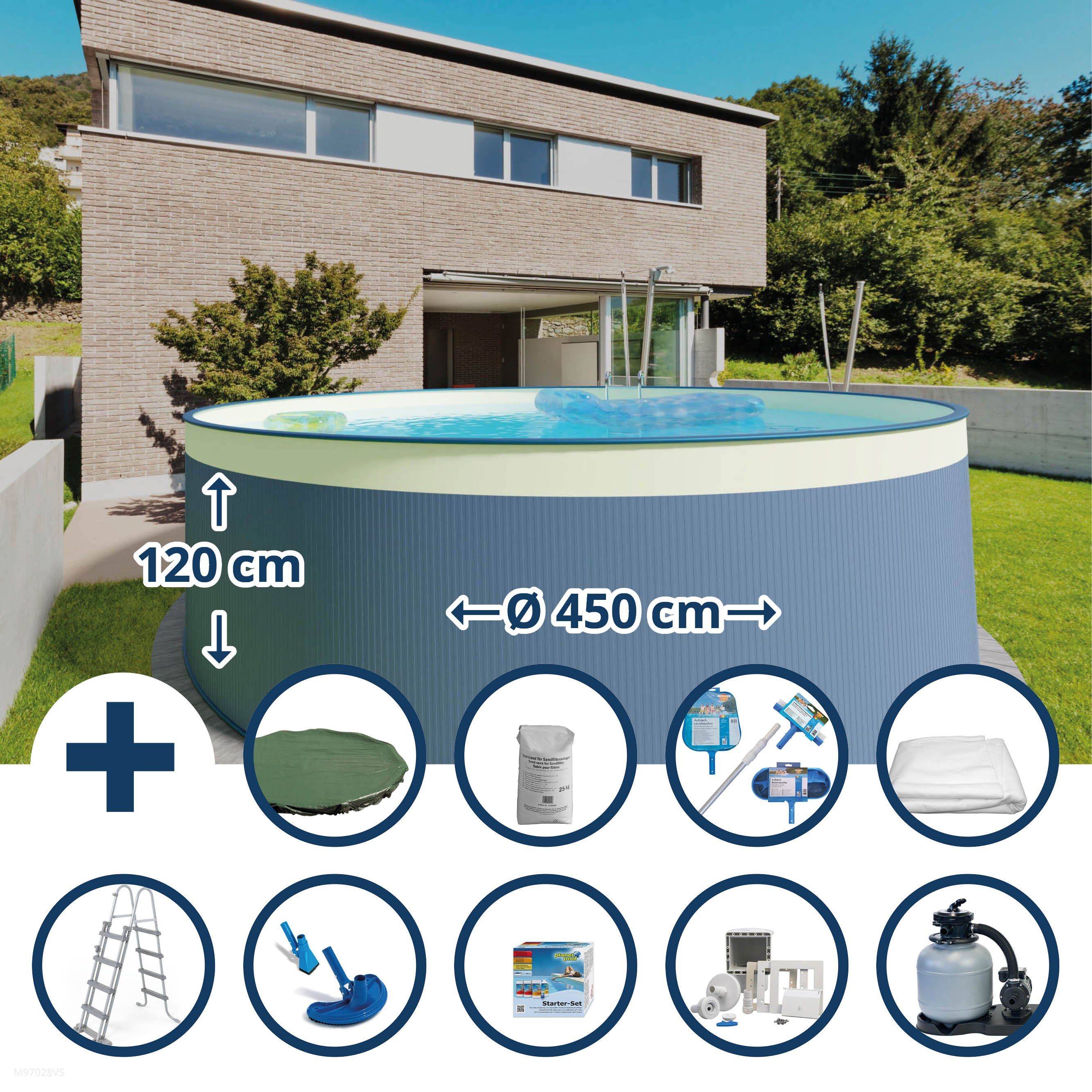 Waterman Rundpool Stahlwandpool Set (10-teilig) hoch rund 450 x 120 (Komplett-Set, 1-tlg), verzinkte Stahlwand