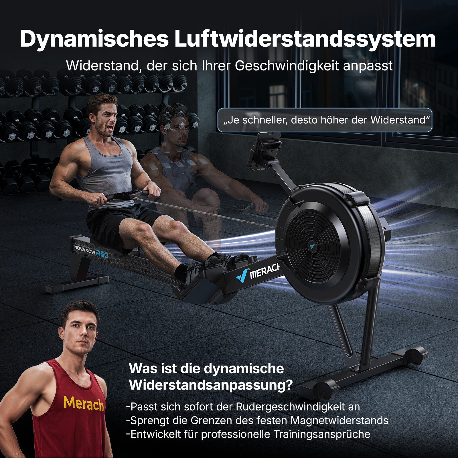 MERACH Rudergerät mit Profi-Luftwiderstand & hinten beleuchtetem LCD-Display (Profi-Heimtrainer für zu Hause mit 10 Stufen & App-Anbindung, 1-tlg., Inkl. LCD-Trainingscomputer, Tablet-Halterung & Montageset), Klappbar, Intervallmodus, 20 lokale Datenspeicher, bis 160 kg
