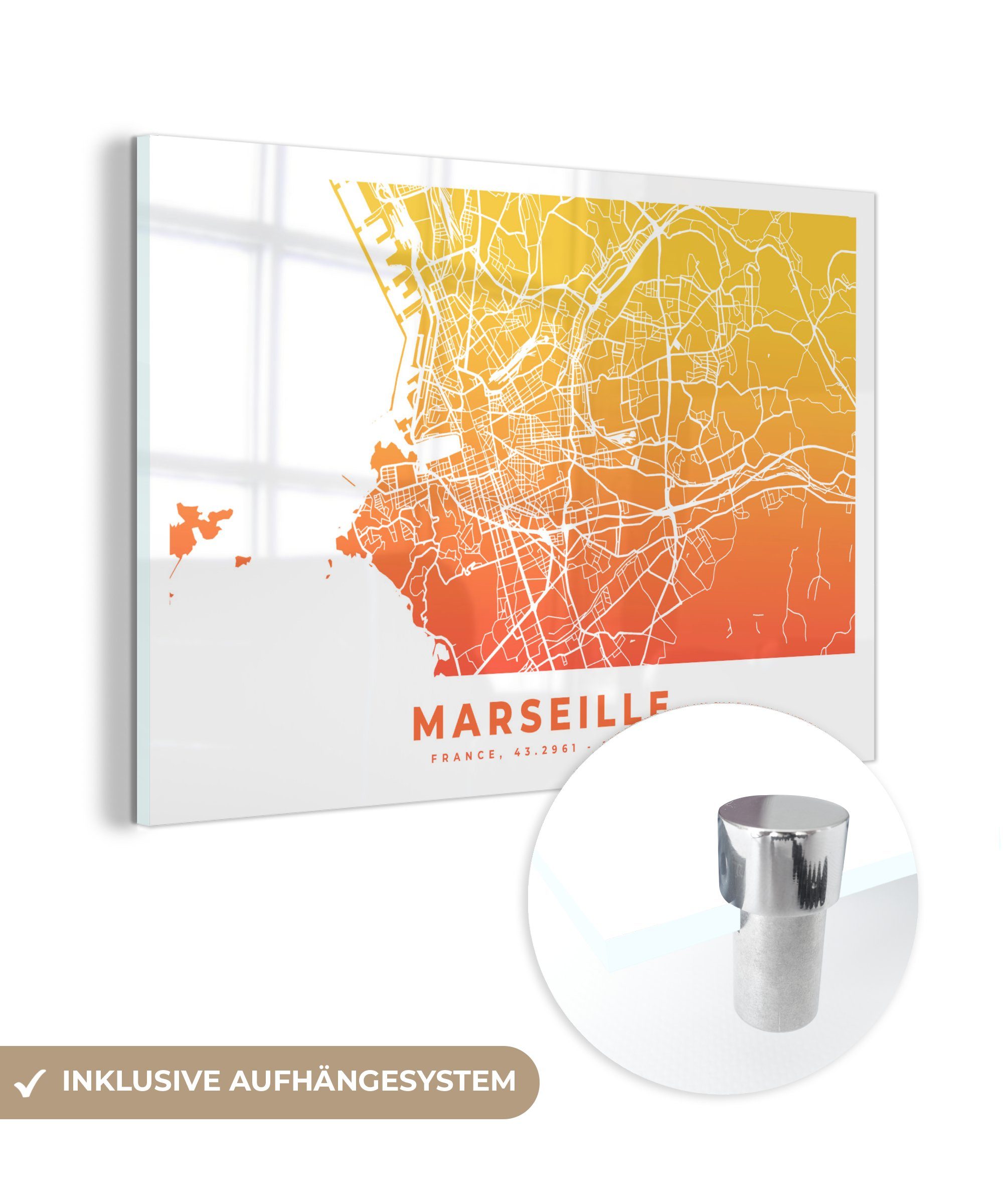 MuchoWow Acrylglasbild Marseille - Stadtplan - Frankreich, (1 St), Acrylglasbilder Wohnzimmer & Schlafzimmer