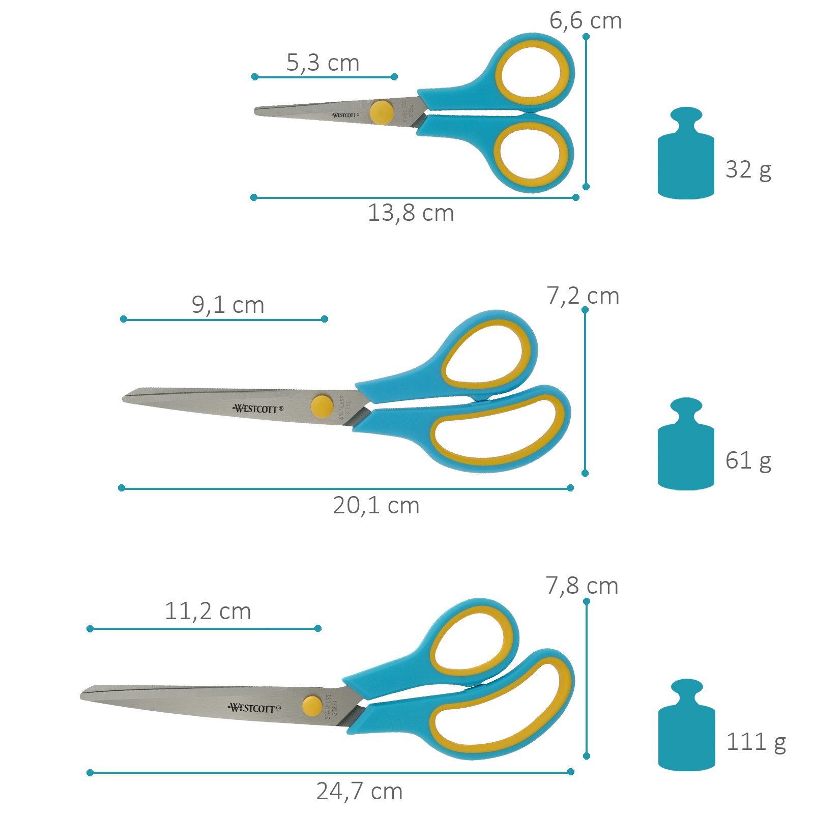 WESTCOTT Scheren-Set Easy Grip Scheren 3 Stück Türkis, Universalscheren mit Komfort-Griff, (Vorteilspack, 3-tlg), Extrascharfe & langlebige Edelstahlklinge