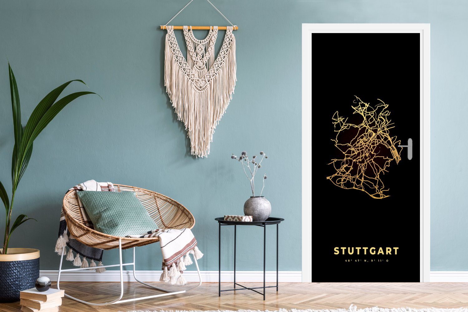Gold Stuttgart - Matt, bedruckt, (1 75x205 cm Karte, Stadtplan - - Türtapete Tür, für Türaufkleber, St), MuchoWow Fototapete