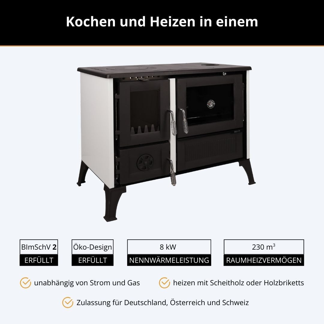 365 Kaminofen 365® Küchenherd Cook Smart weiß emailliert 8 kW Gusseisen A+, 8 kW