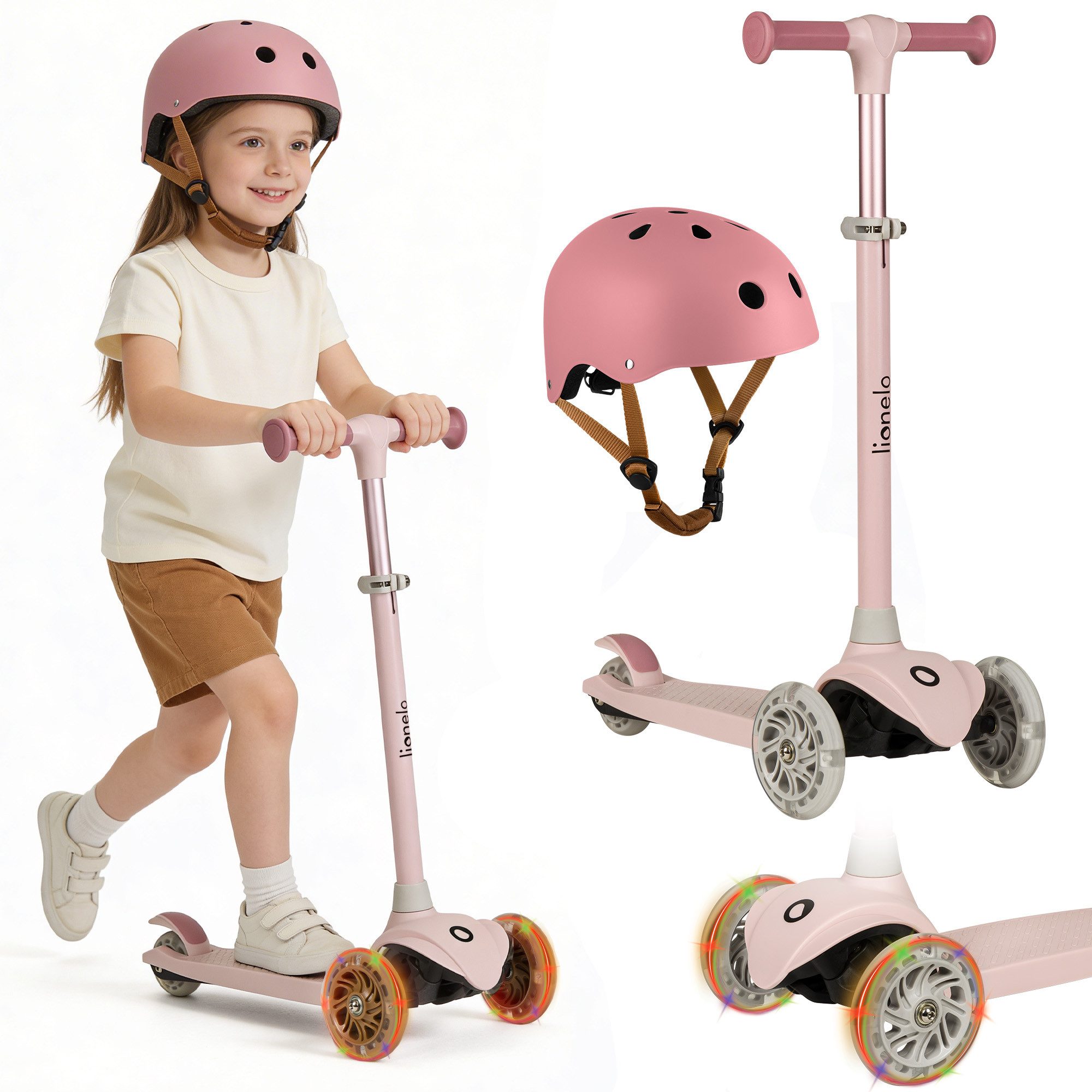 lionelo Dreiradscooter JESSY + HELMET SET, (Set, Set mit Helmet), 3 Räder/LED-Räder/Lenker 65–80cm/Helmet 50–56cm