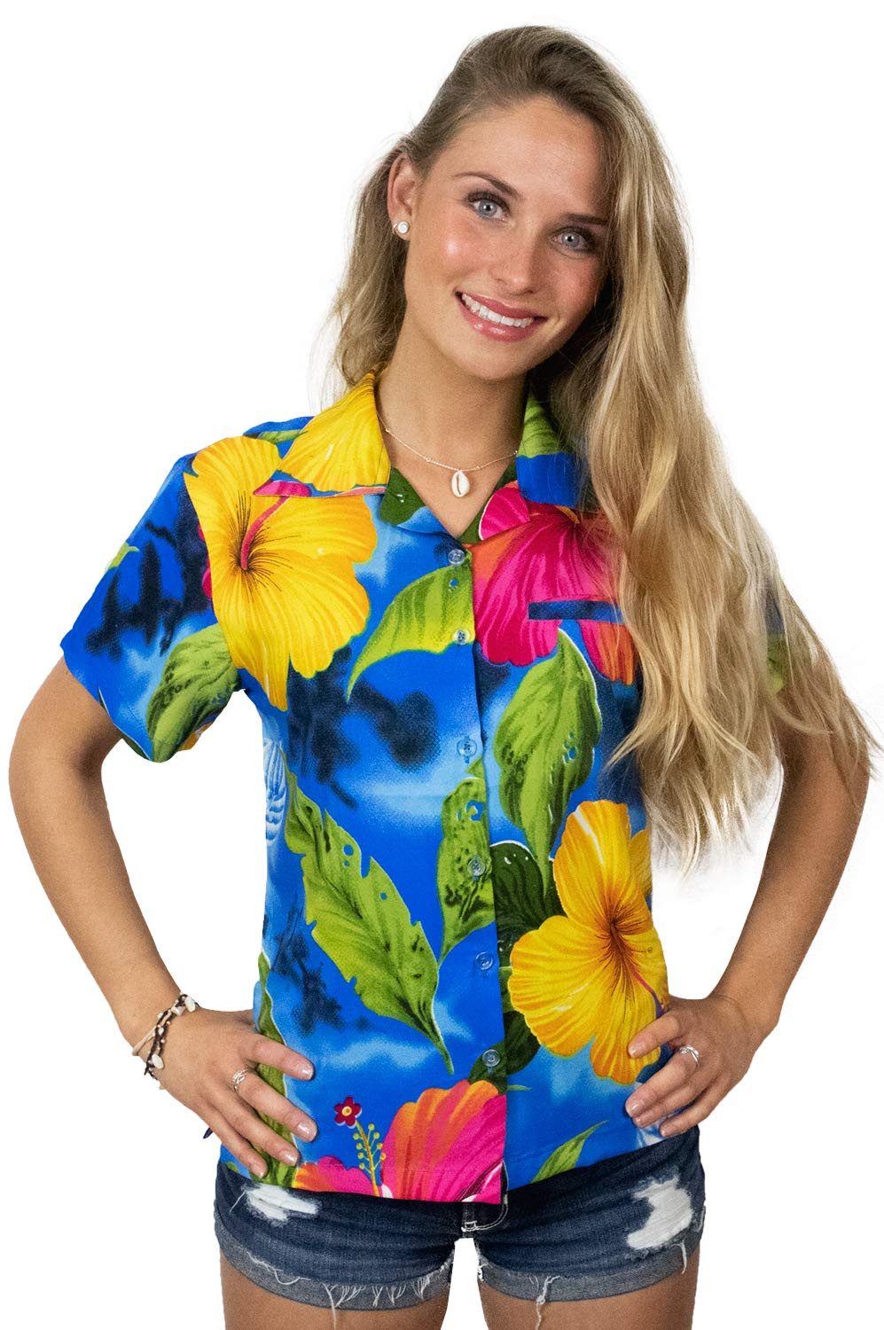 Hawaiihemd Big Flower Funky Hawaiibluse Damen Kurzarm Front-Tasche Stylish