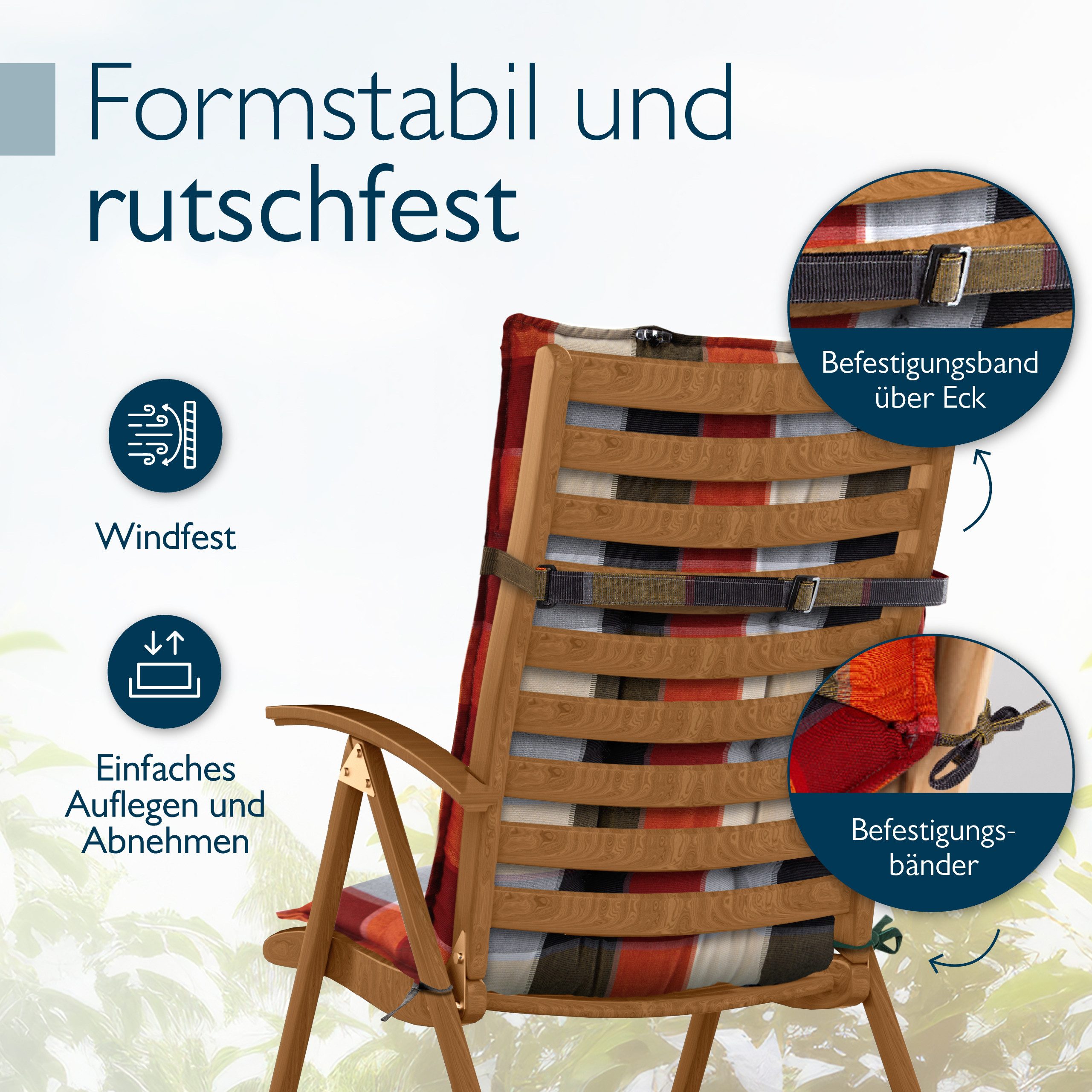 Beautissu Hochlehnerauflage 2er Set Sun-HL Hochlehner Auflage 120x50x8cm Orange-Beige-Kariert, Mit Kopfpolster, rutschfest & robust – Befestigungsbänder, UV 5