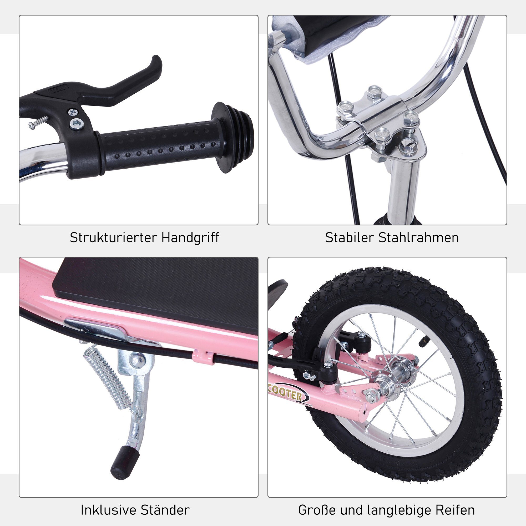 HOMCOM Scooter Kinder x x tlg), Bremsen B58 mit (1 H92-100 L135 Tretroller Rosa, cm Cityroller Kinderroller