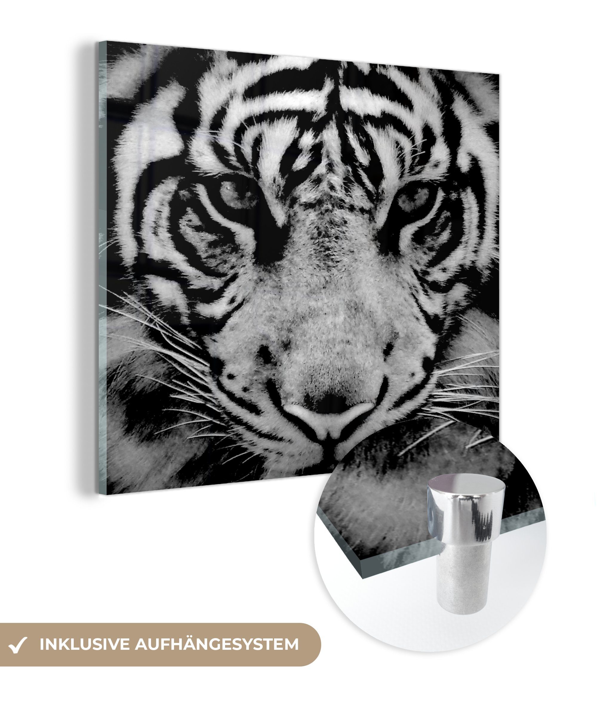 MuchoWow Acrylglasbild Sumatra-Tiger vor schwarzem Hintergrund in schwarz und weiß, (1 St), Glasbilder - Bilder auf Glas Wandbild - Foto auf Glas - Wanddekoration