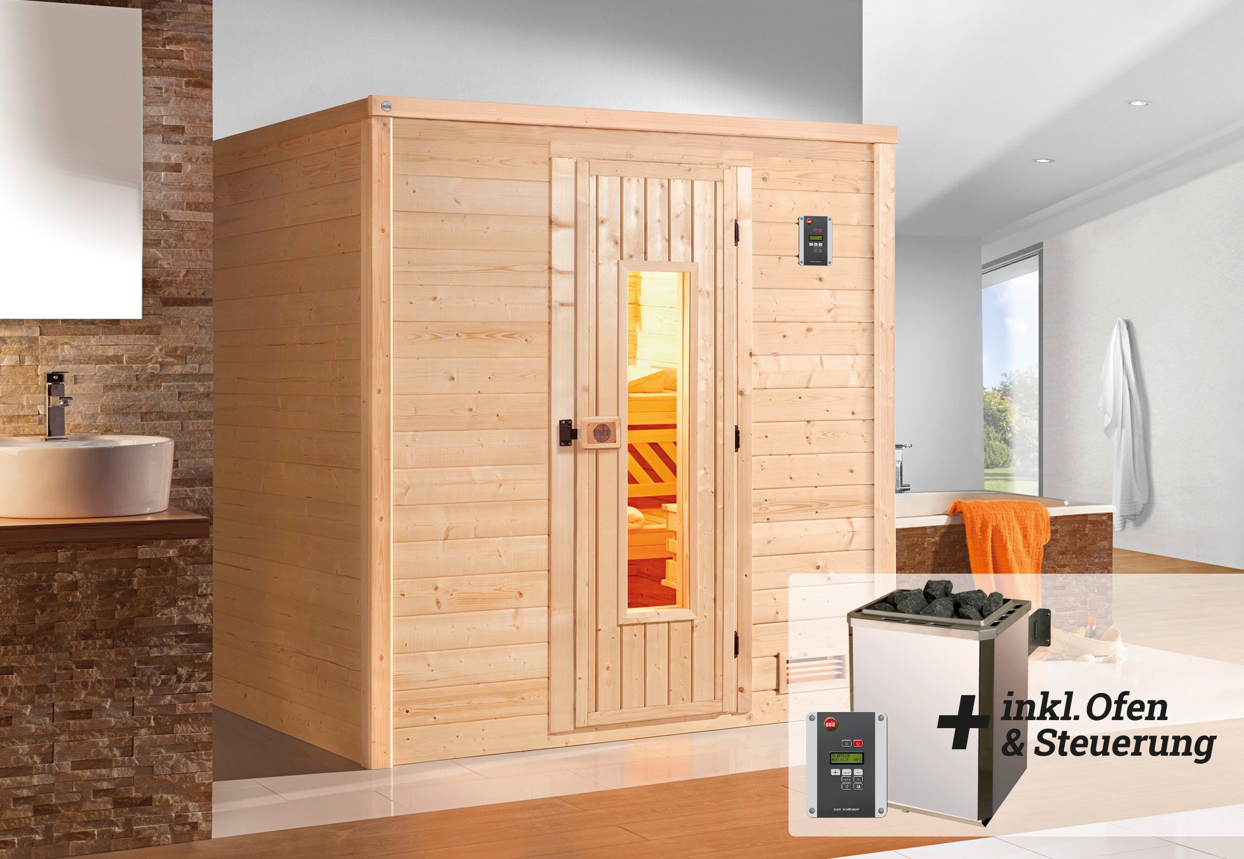 Thumbnail - weka Sauna Bergen, BxTxH: 195,5 x 178 x 205 cm, 45 mm, (Set) 7,5 kW-Ofen mit digitaler Steuerung