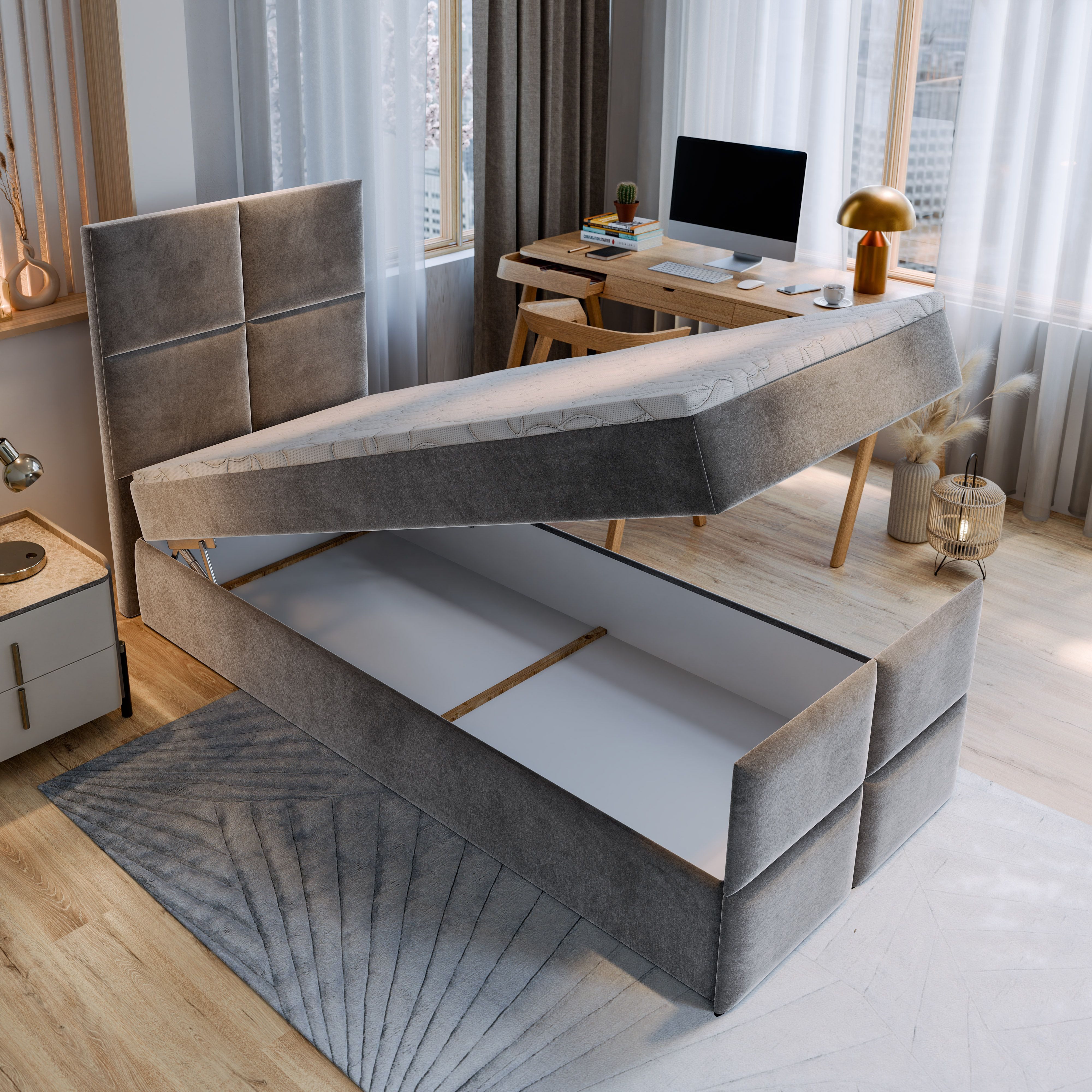 Masseno Boxbett ARIEL 80x200 cm mit Bonell Matratze und Topper, Einzelbett, Jugendbett, Polsterbett mit Kopfteil, Boxspringbett