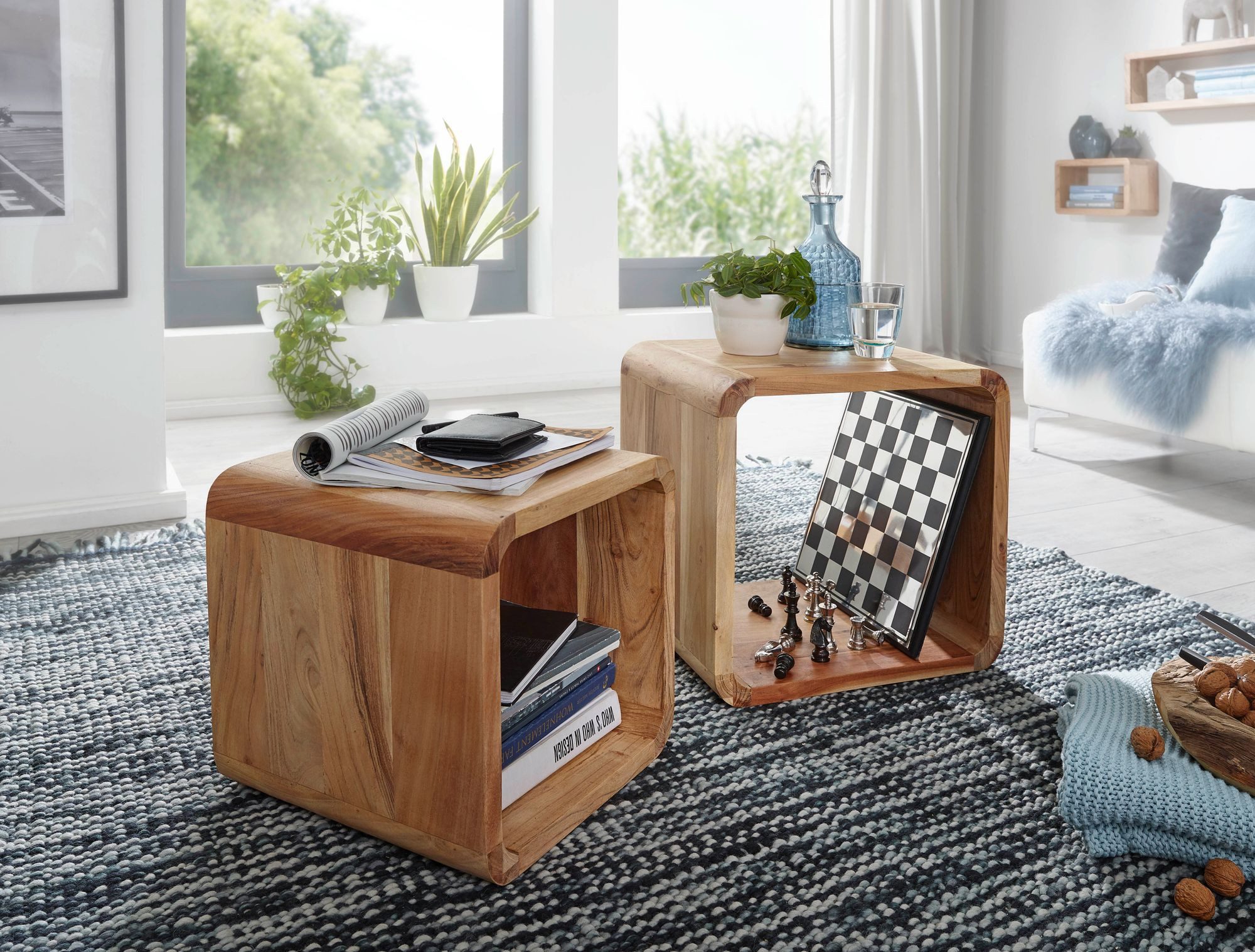 Wohnling Satztisch WL1.540 Massivholz Akazie BOHA Beistelltisch 2er Set Cubes Würfelreg (Beistelltisch 2er Set Akazie Massivholz Modern), Wohnzimmertisch Quadratisch, Sofatisch Couchtisch