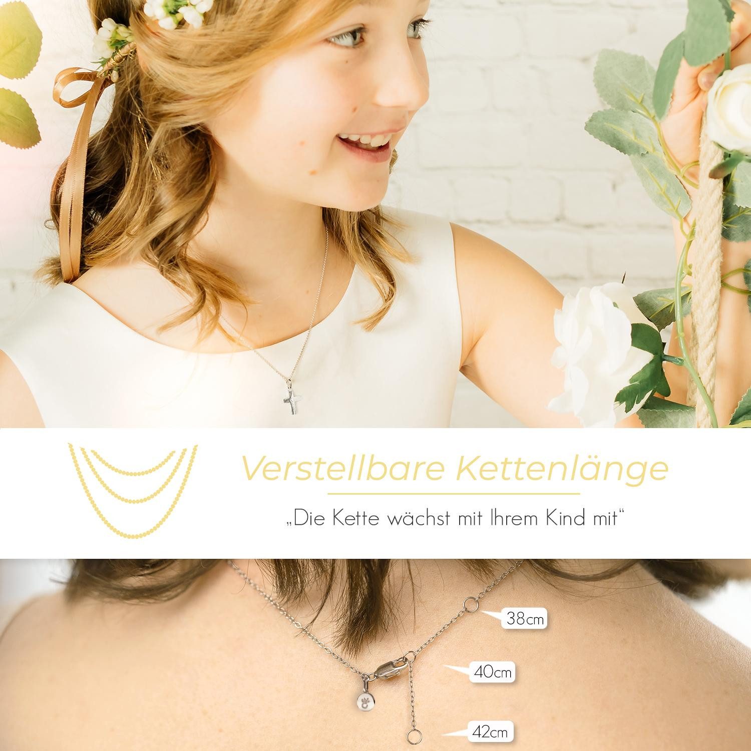 Amoonic Kreuzkette Halskette Mädchen Silber 925 mit Kreuzanhänger Kommunion Taufkette (individuell anpassbare Halskettenlänge)