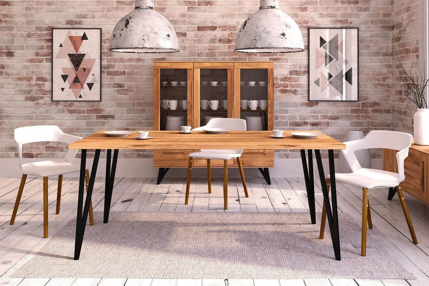 Natur24 Esstisch Esstisch Rolo Kernbuche massiv 80x130x76cm mit schwarzen Metallbeinen
