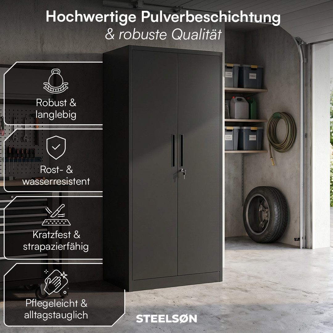 STEELSØN Garderobenschrank Regulus abschließbar (Schwarz, 1-St) Spindschrank aus Stahl mit 6 Fächern & 1 Kleiderstange, inkl. Schloss
