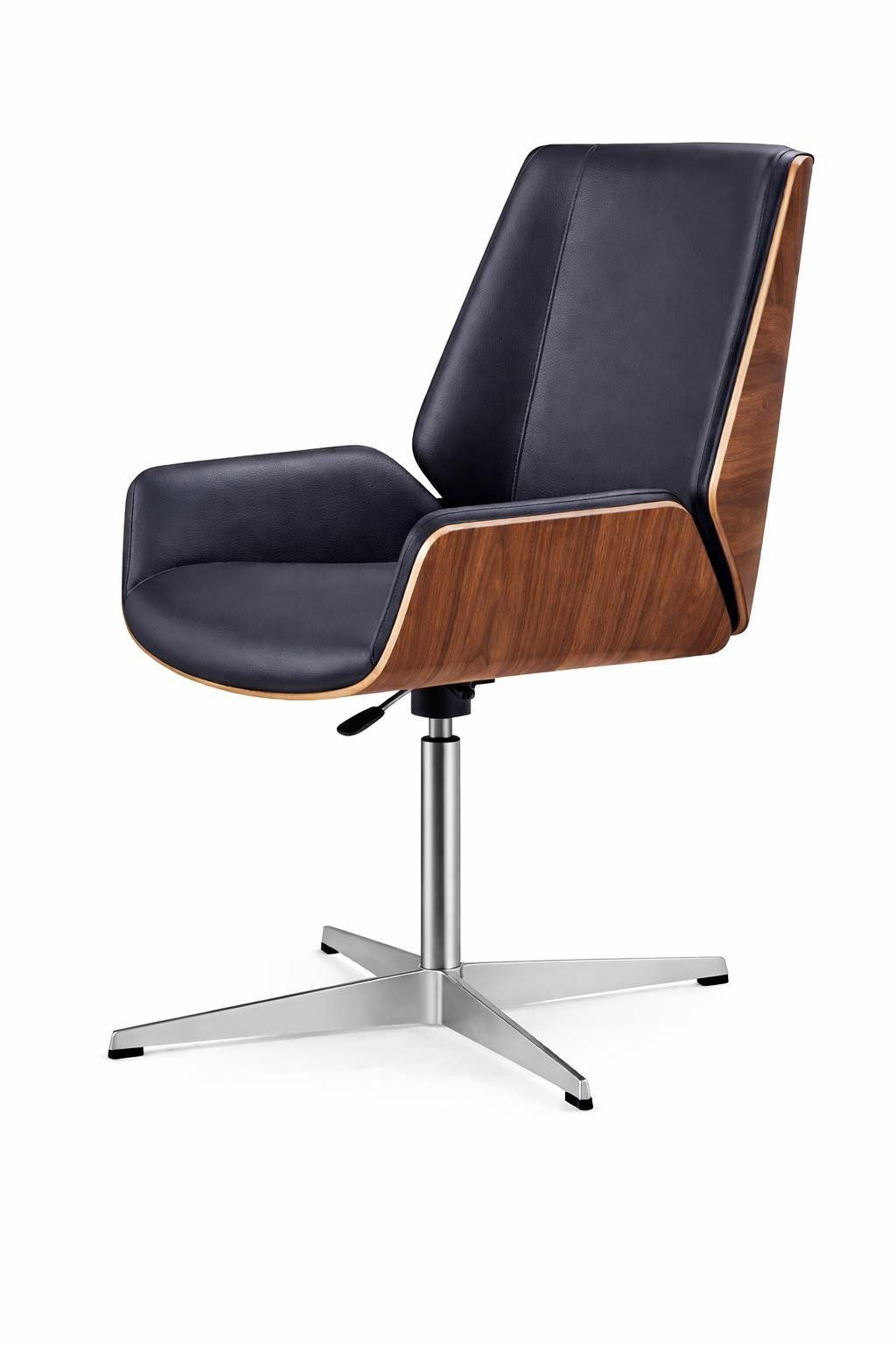 Xlmoebel Drehstuhl Eleganter Chefsessel aus Walnuss mit schwarzem Kunstlederbezug, Made in Europa