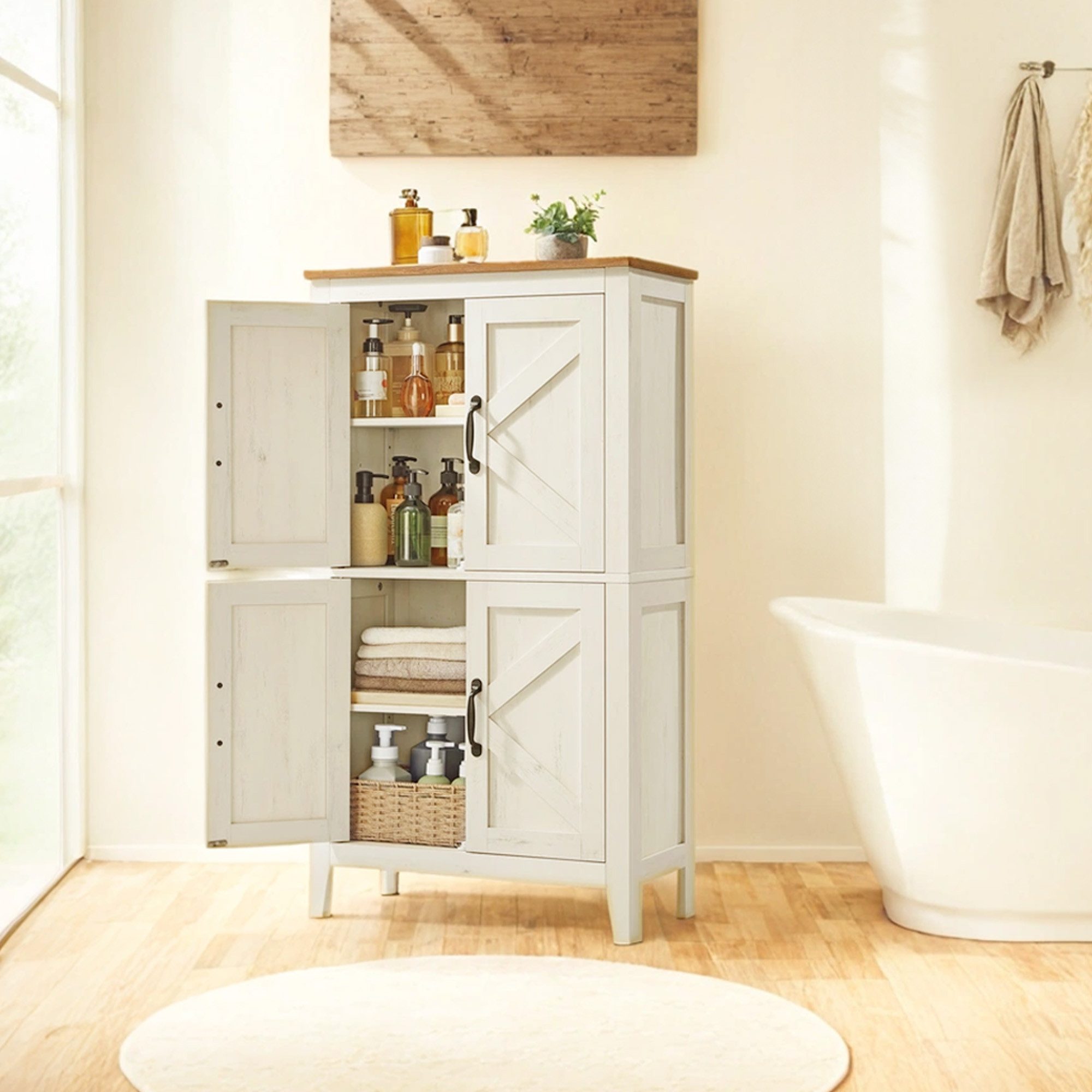 VASAGLE Badkommode Aufbewahrungsschrank Badschrank im Landhausstil, verstellbare Ablage, Badezimmerschrank, Schrank, offene Fächer, mit Türen – Bild 4 von 5