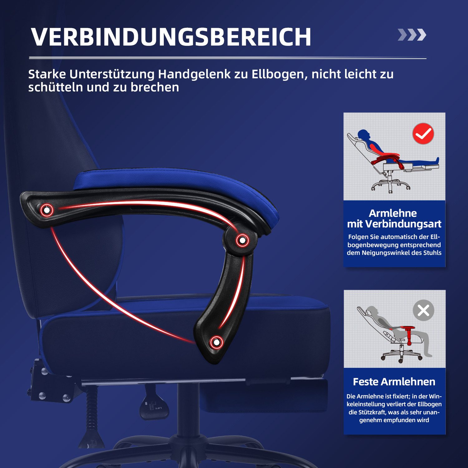 Hiazurm Gaming-Stuhl Gaming Stuhl, Bürostuhl Ergonomisch Wippfunktion bis zu 170° (Gaming Chair mit Fußstütze, 10 cm Höhenverstellung), Verstellbarem Lenden- &  – Bild 3 von 5