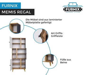 Furnix Regal MEMIS R3D Standregal mit offenen Regalen und Türen Eiche/Weiß+Graphit, B80 x H200 x T40 cm