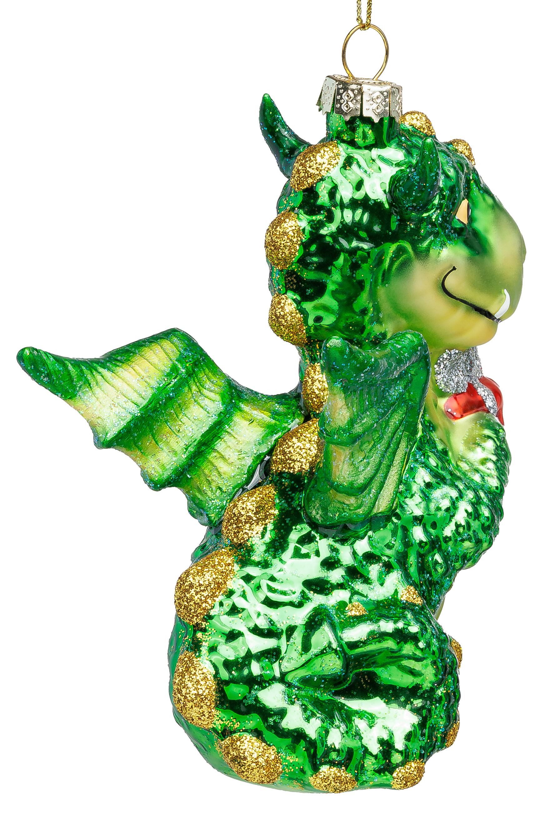 SIKORA Weihnachtsbaumkugel Drache mit Geschenk besondere Weihnachtskugel Glas Anhänger – BS057, Premium Christbaumschmuck Deko - traditionell & außergewöhnlich – Bild 3 von 5