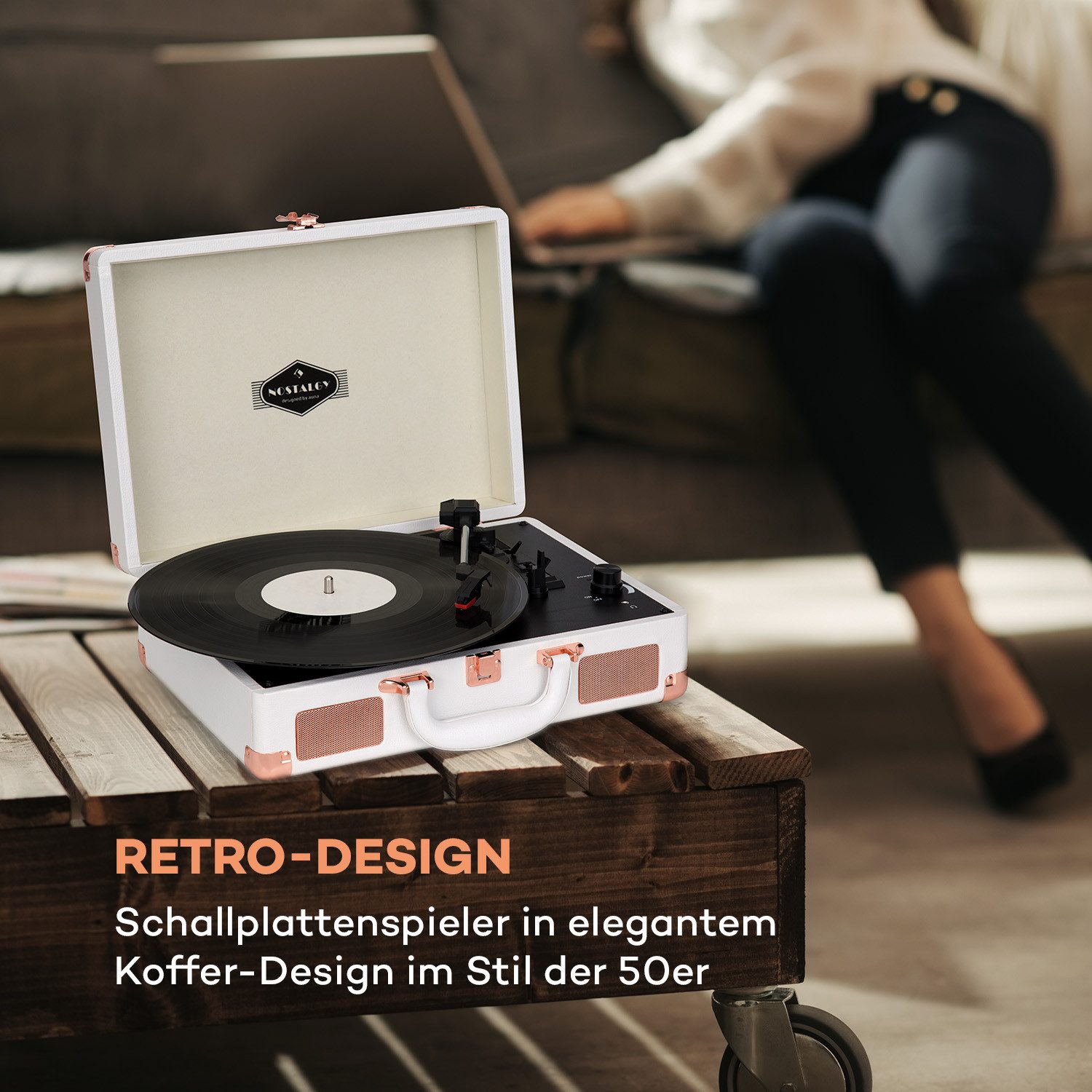 Auna Peggy Sue Plattenspieler (Riemenantrieb, Schallplattenspieler Retro mit Lautsprecher Vinyl Plattenspieler)
