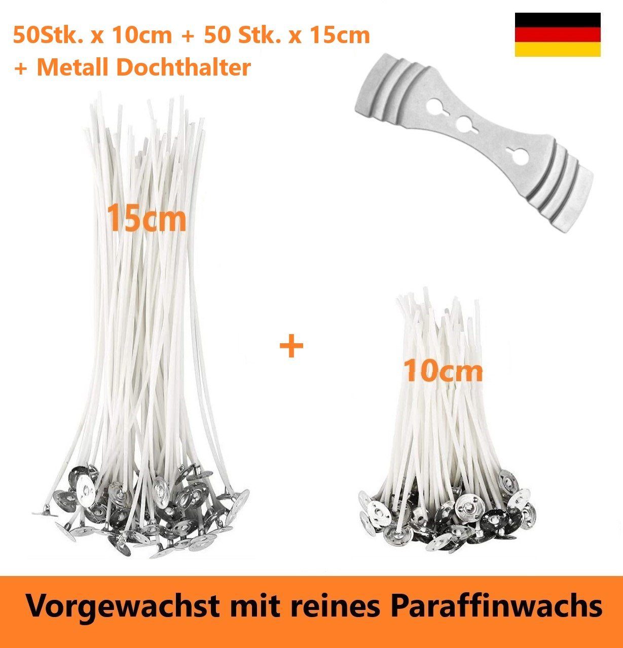 Bienenbiya Kerzenhalter Kerzendocht 100 Stk. 10 cm + 15 cm lang mit Metallfuß (100% natürlich aus Baumwolle, 100 St., Candle Wick, Runddocht, Teelichtdochte für DIY Kerzenherstellung), Rauchfrei, ohne gefährliche Stoffe