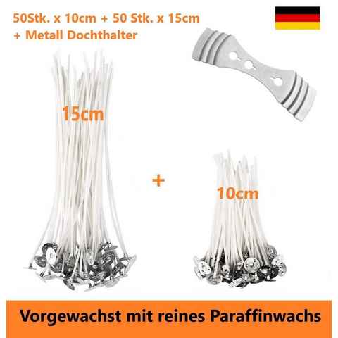 Bienenbiya Kerzenhalter Kerzendocht 100 Stk. 10 cm + 15 cm lang mit Metallfuß (100% natürlich aus Baumwolle, 100 St., Candle Wick, Runddocht, Teelichtdochte für DIY Kerzenherstellung), Rauchfrei, ohne gefährliche Stoffe