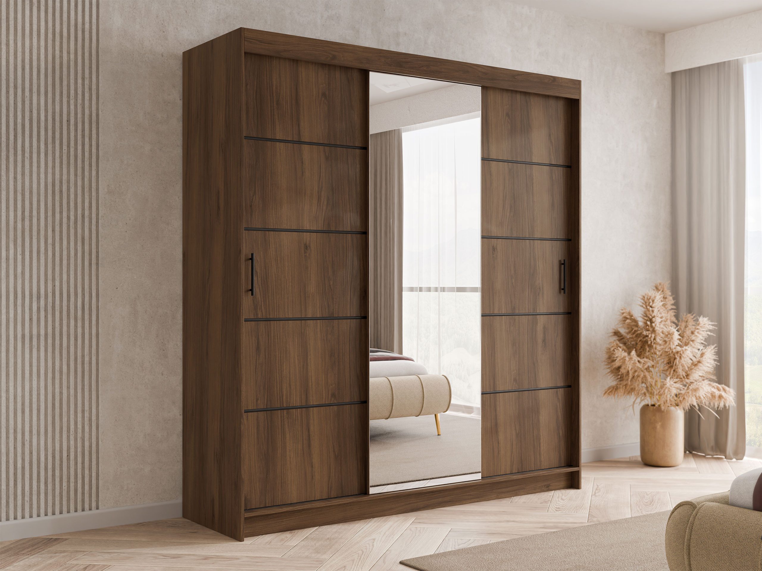MIRJAN24 Kleiderschrank Infinity III 200 (mit drei Schwebetüren) mit Kleiderstange, Frontspiegel, 200x58x200 cm