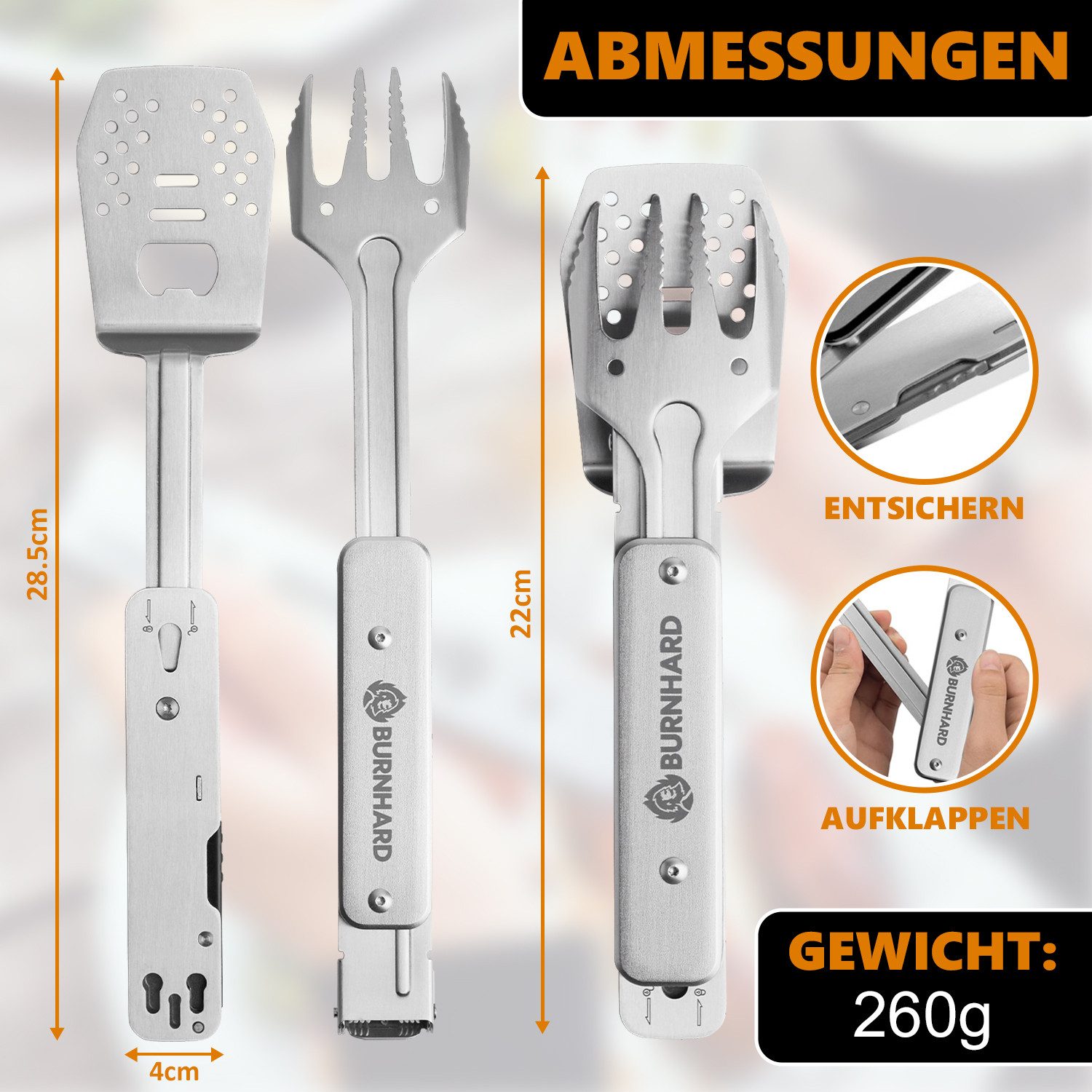 BURNHARD® Grillbesteck-Set Grillbesteck Multitool 4-in-1
