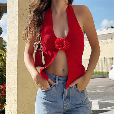 RUZU UG Anzugweste Sommerliches sexy schmales Neckholder-Top mit Blumenmuster für Damen (1-tlg)