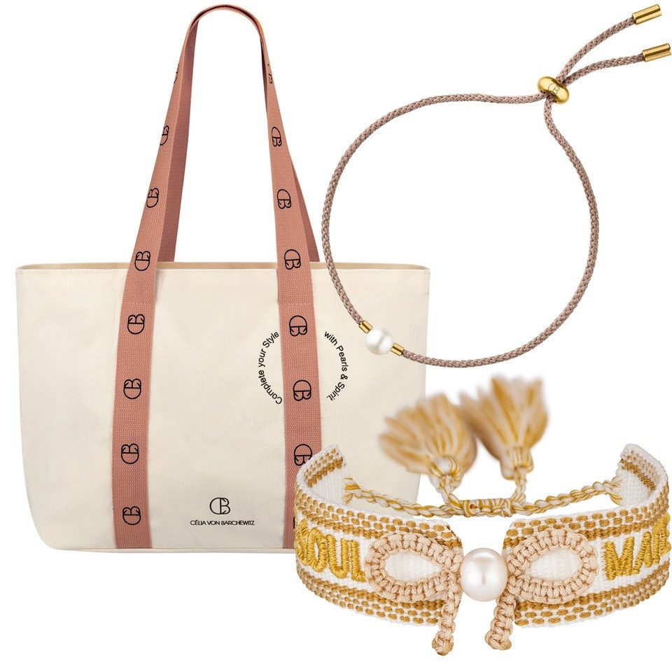 Celia von Barchewitz Armband Set SUMMER VIBES Bundle (Bundle, 2 Armbänder & gratis Strandtasche, Schmuck & Tasche perfekt kombiniert), Armband-Duo mit Süßwasserperlen inkl. gratis Strandtasche, limitiert