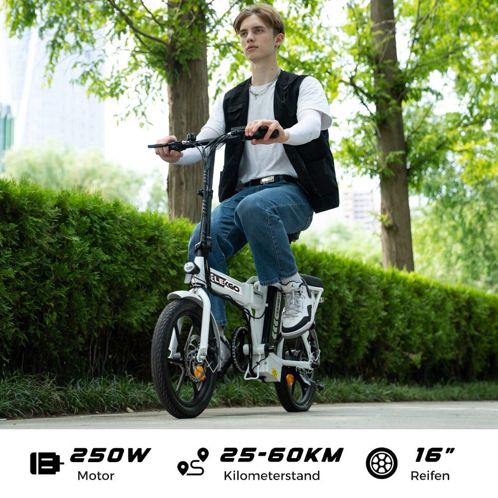 RCB E-Bike ELEKGO-EG05 Klappbares 36V 35-70km cityrad 8.4Ah weiß LCD Display zoll elektro Heckmotor, 16 Elektrofahrrad