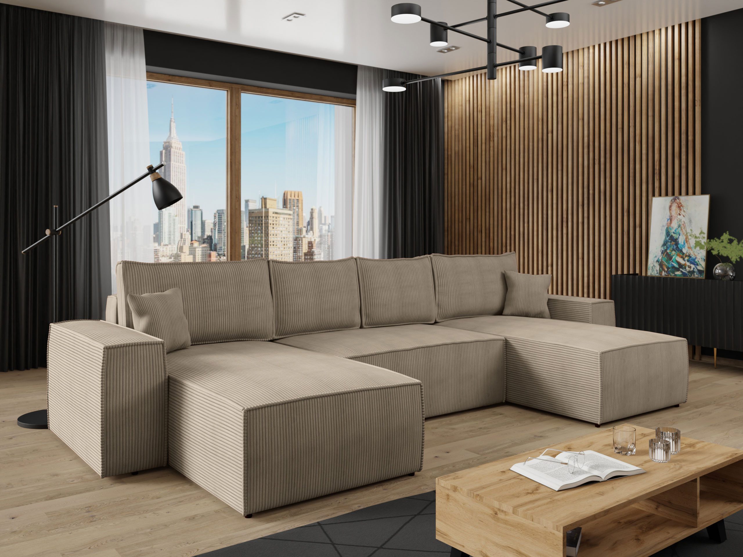 MIRJAN24 Wohnlandschaft Malaga U Cord, mit Bettkasten und Schlaffunktion, Rückenlehne in Form beweglicher Kissen