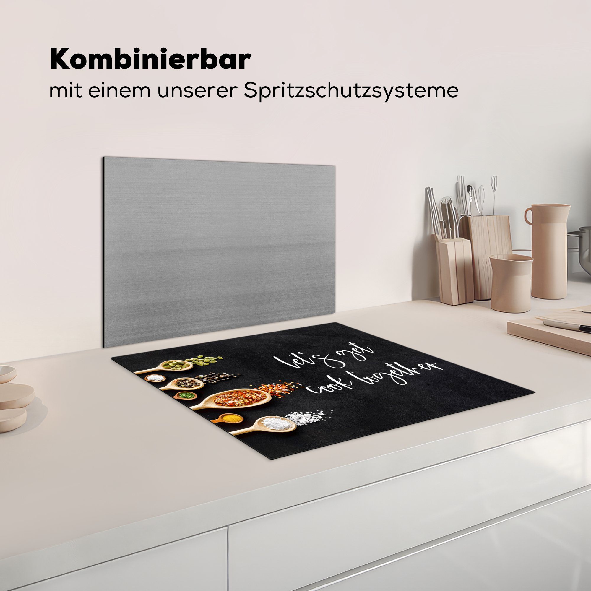 Lass Kochen gemeinsam - tlg), Herdblende-/Abdeckplatte - 59x51 cm, uns - Sprichwörter, Ceranfeldabdeckung Vinyl, Induktionsschutz, (1 Zitate kochen Induktionskochfeld, MuchoWow