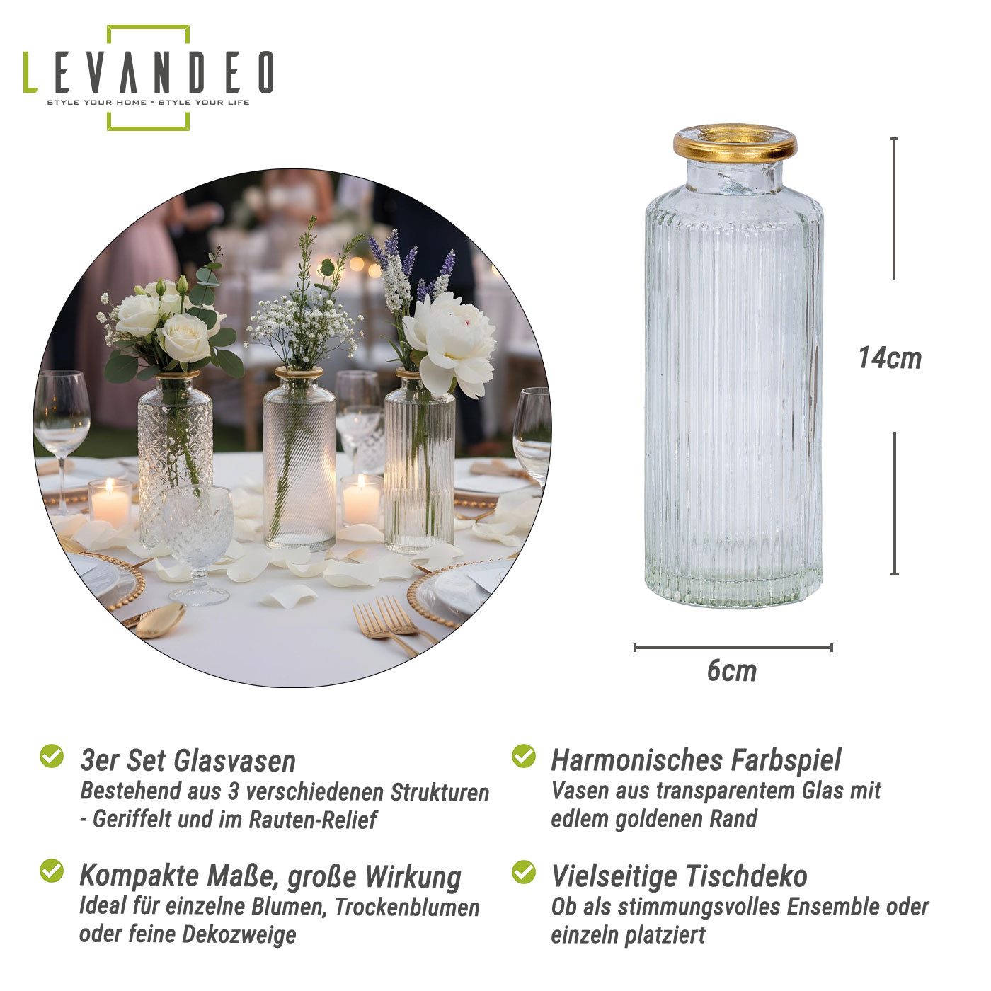 Levandeo® Dekovase, 3er Set Vase Glas Klar Gold H14cm Blumenvase Transparent Tischdeko