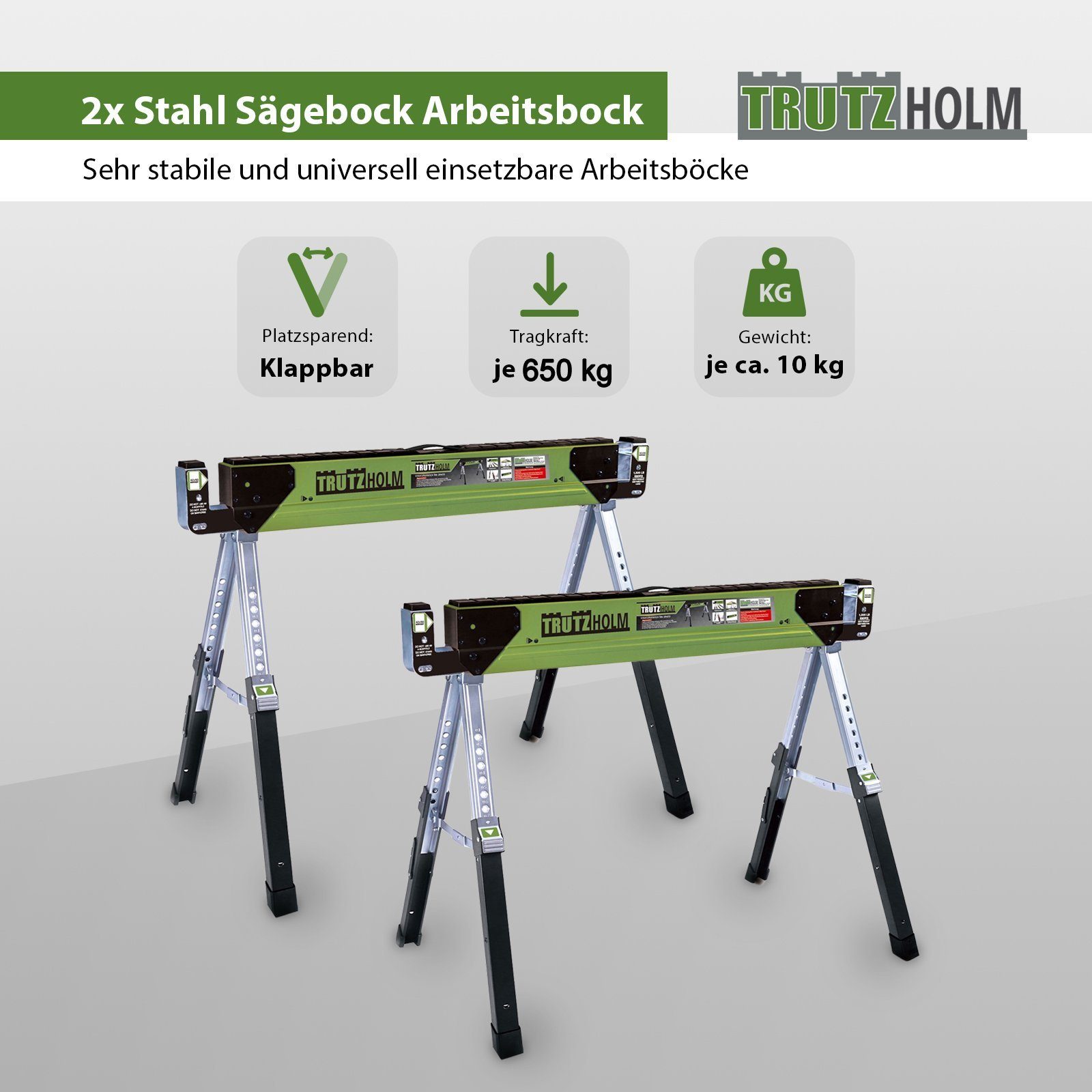 TRUTZHOLM Sägebock 2x Stahl Sägebock Arbeitsbock höhenverstellbar bis 1300kg klappbar, 650 kg max. Belastbarkeit, (Set, 2-St), stabil